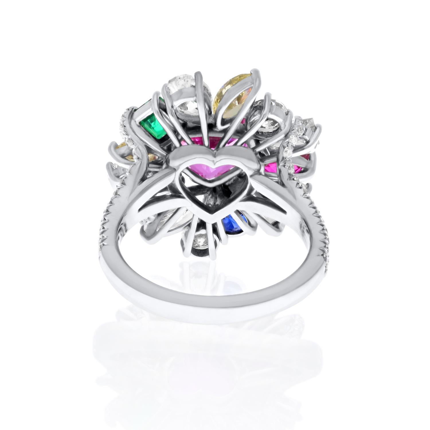 Platinum Tutti Frutti Diamond, Sapphire, Emerald And Ruby Cocktail Ladies Ring In New Condition For Sale In New York, NY