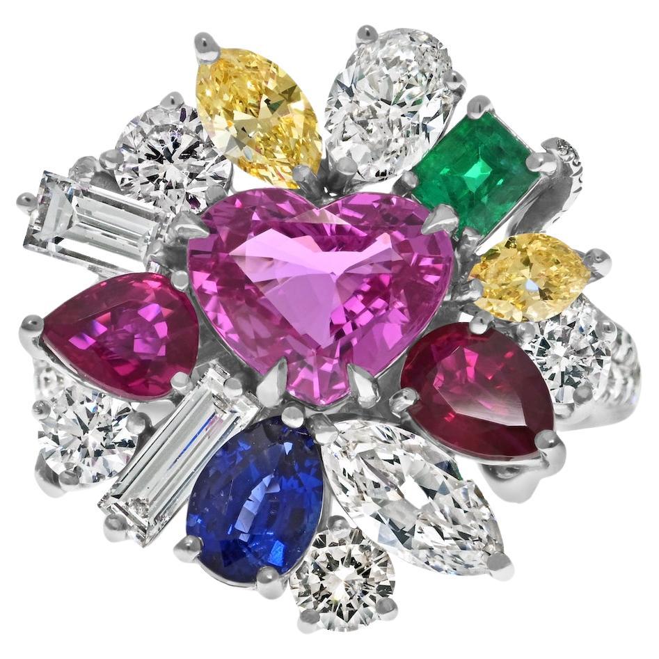 Platin Tutti Frutti Diamant, Saphir, Smaragd und Rubin Cocktail Damenring aus Platin