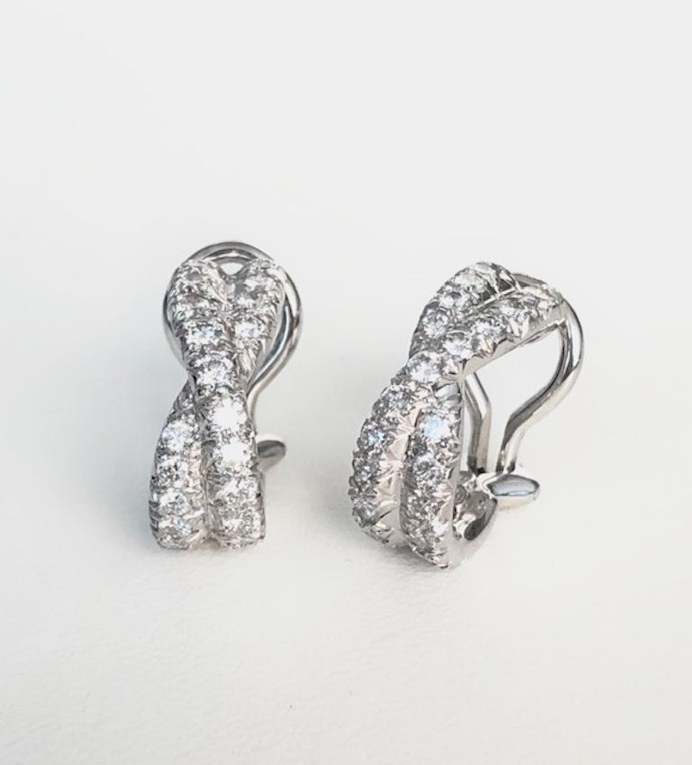 Round Cut Platinum Twist Diamond Hoop Earrings For Sale