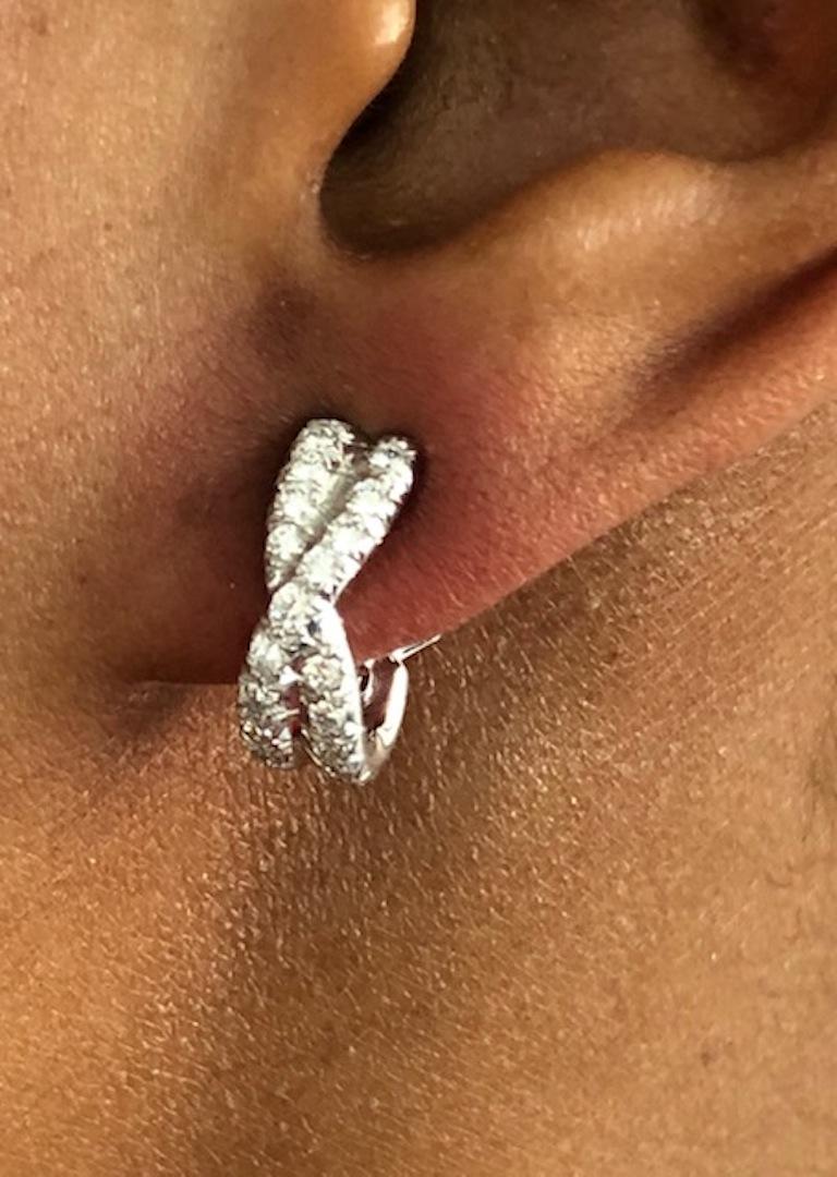 Women's Platinum Twist Diamond Hoop Earrings For Sale