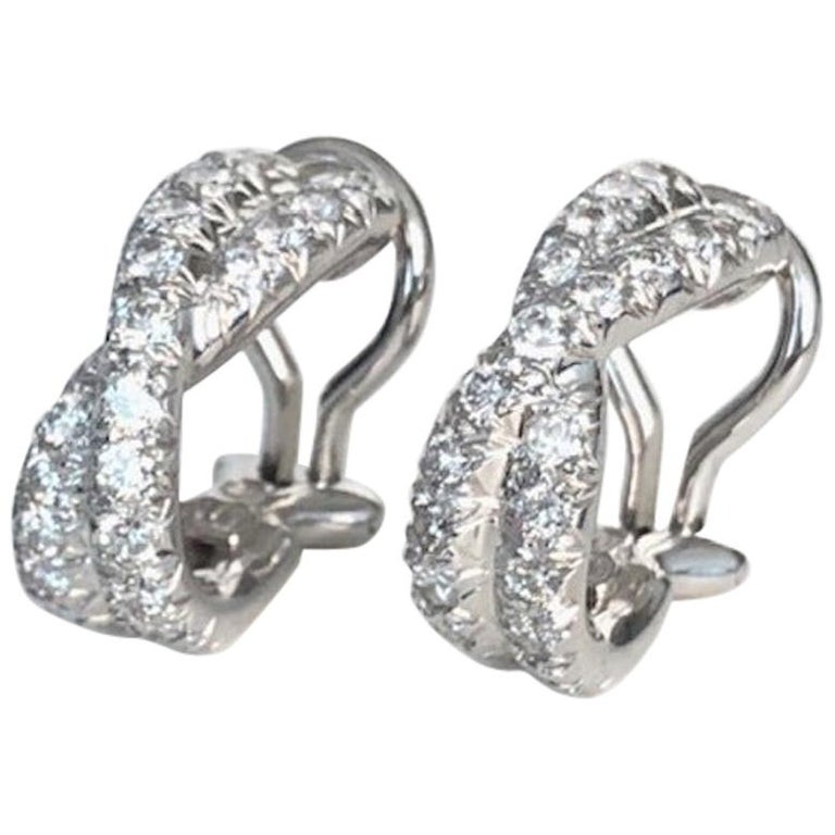 Platinum Twist Diamond Hoop Earrings For Sale