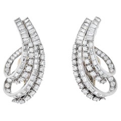 Platinum Twist Swirl Baguette and Round Cut Diamond Earrings