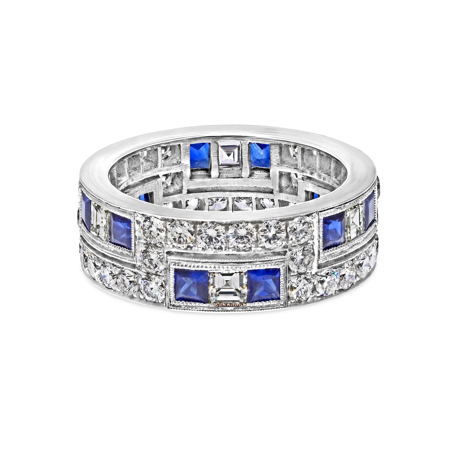 Contemporary Platinum Two Row Diamond And Sapphire 7mm Wide Eternity Ring For Sale