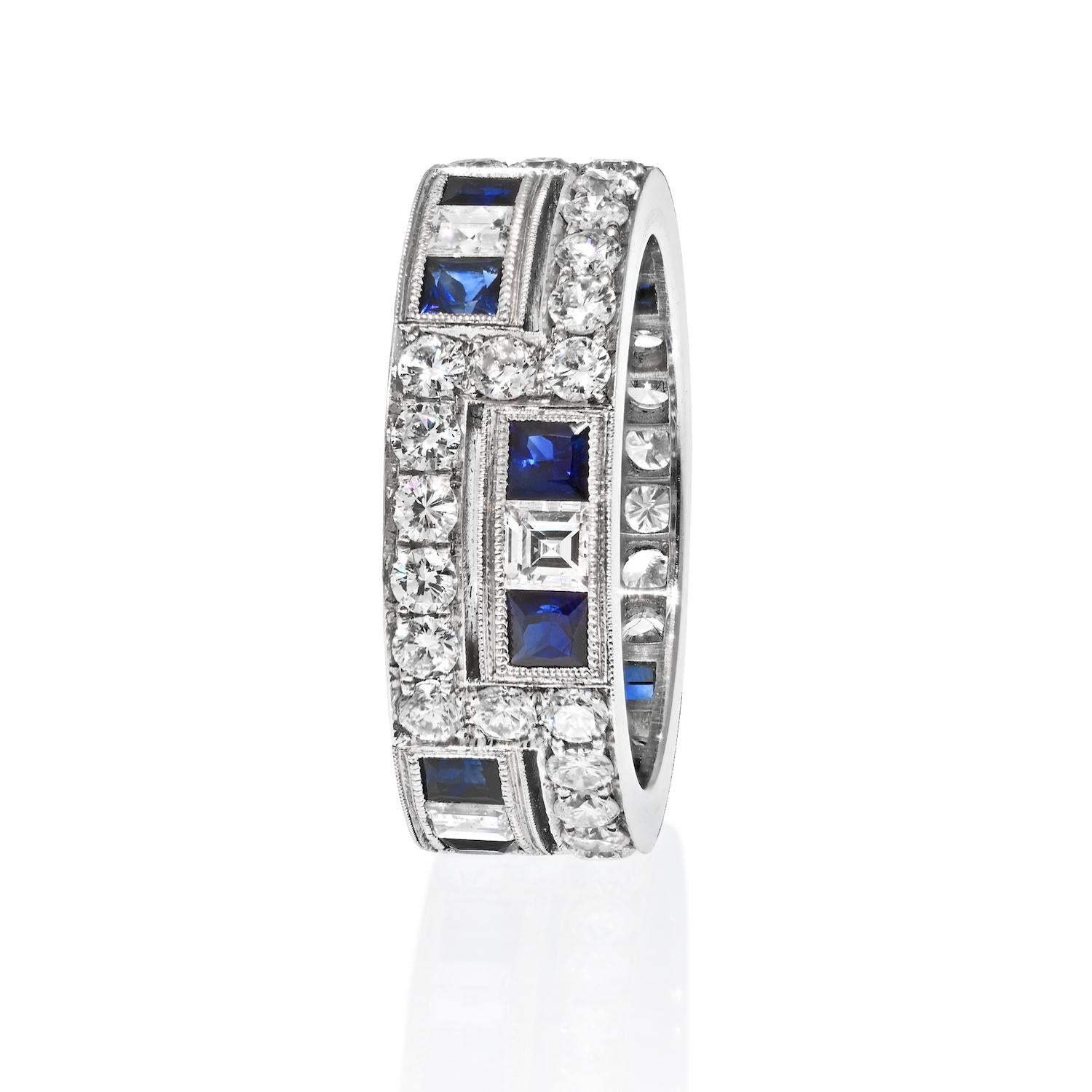 Round Cut Platinum Two Row Diamond And Sapphire 7mm Wide Eternity Ring For Sale