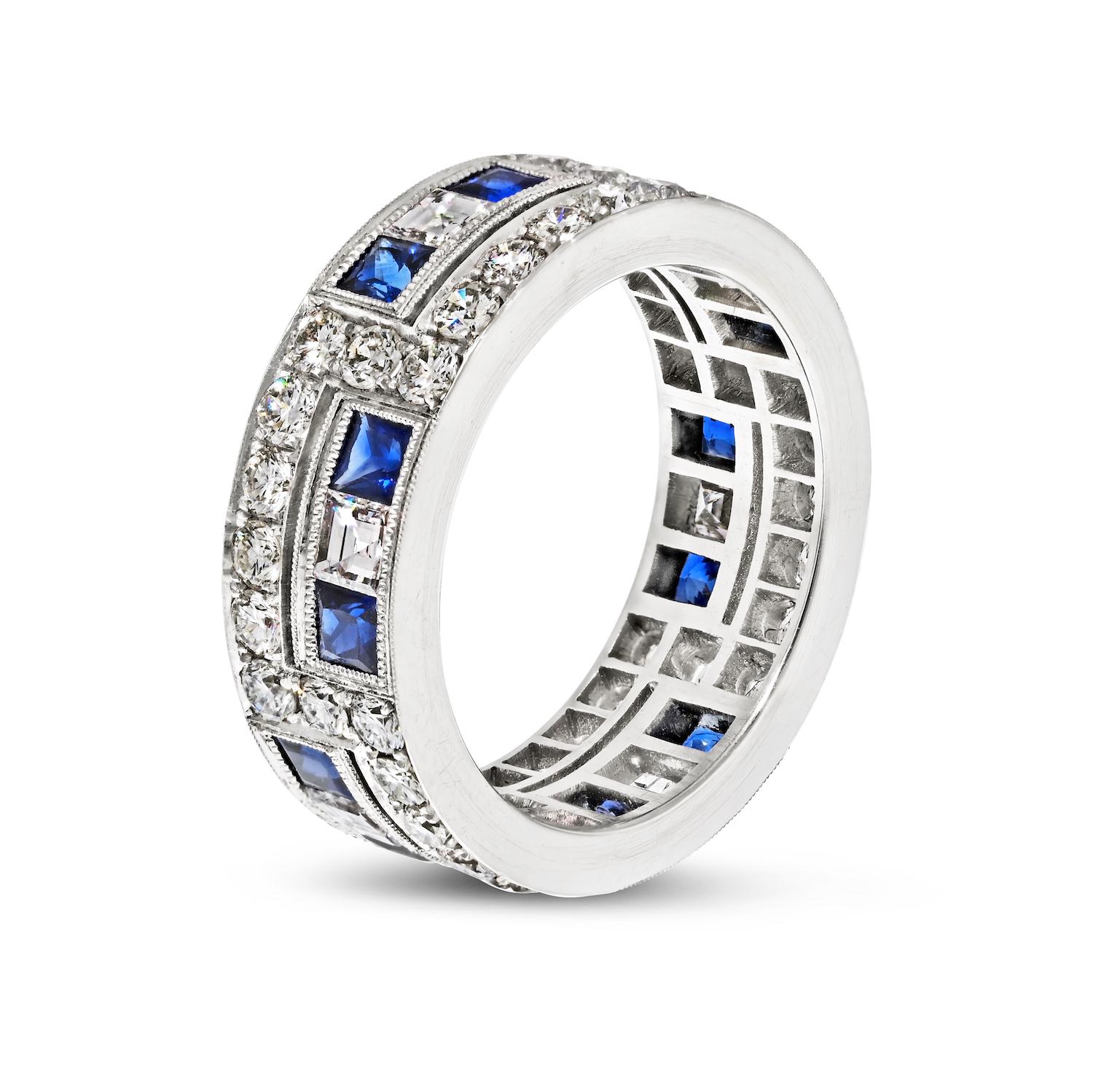 Platinum Two Row Diamond And Sapphire 7mm Wide Eternity Ring In New Condition For Sale In New York, NY