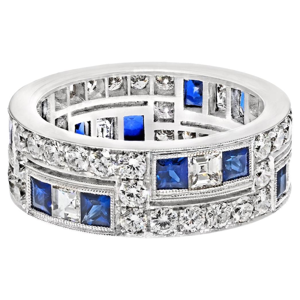 Platinum Two Row Diamond And Sapphire 7mm Wide Eternity Ring For Sale