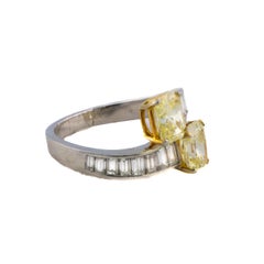 Platinum Two-Stone Yellow Diamond &amp; Baguette Diamond Bypass Ring