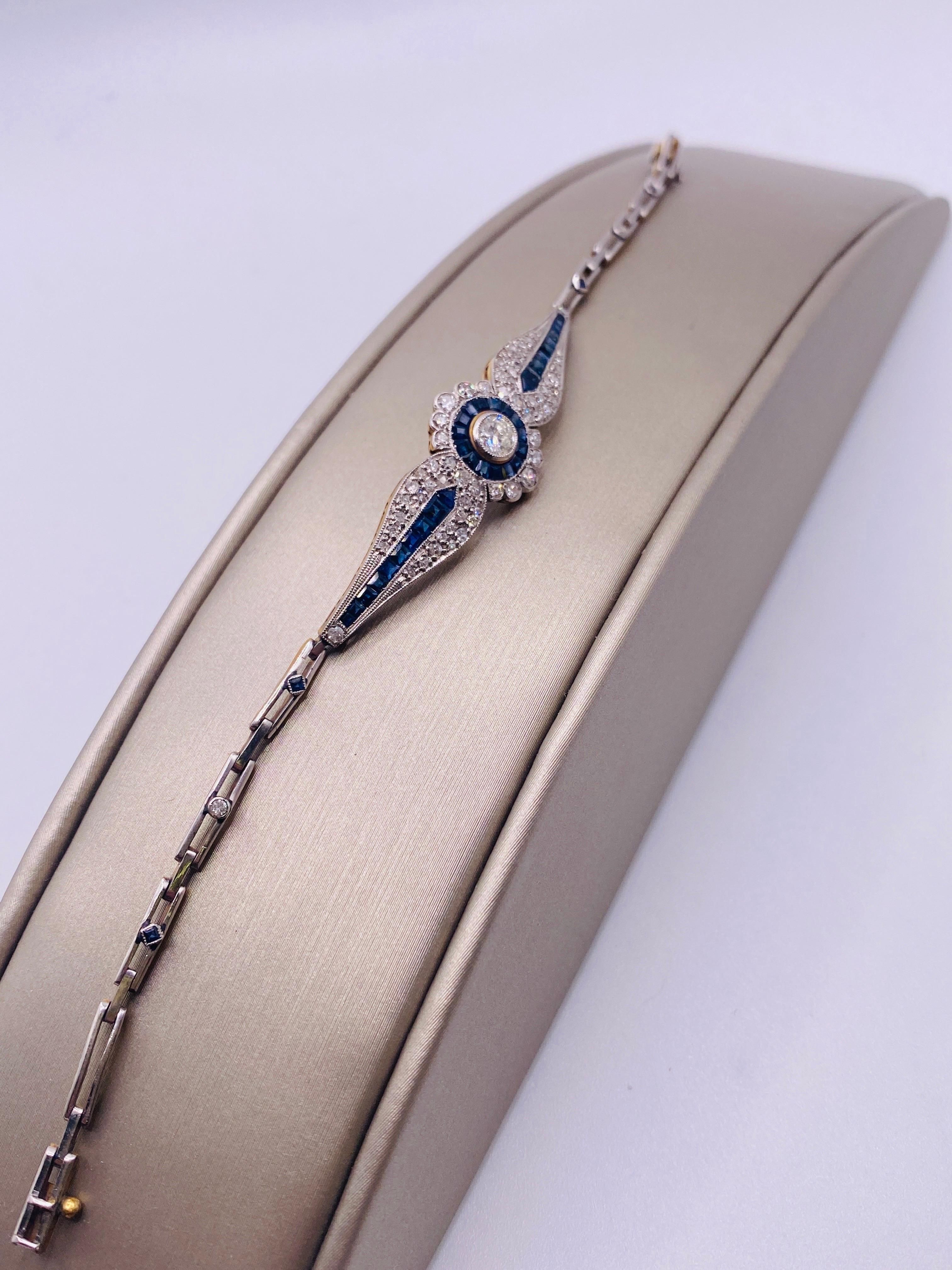 Women's or Men's Two-Tone .32 Carat Diamond and Sapphire Platinum Bracelet For Sale