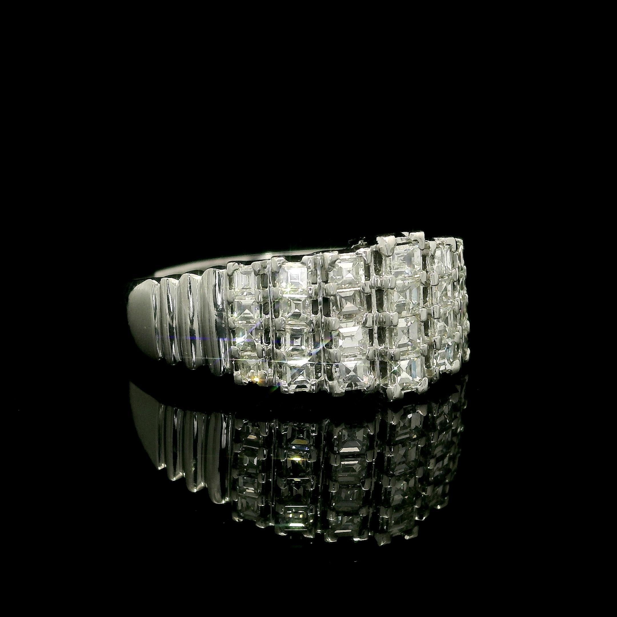 --Stone(s):--
(28) Natural Genuine Diamonds - Unique Square Step Cut - Prong Set - Nice Brilliant White Diamonds

Material: Solid .800+ Platinum (tested) - Stamped PT900
Weight: 6.54 Grams
Ring Size: 9.0 (We can custom size this ring - please let us