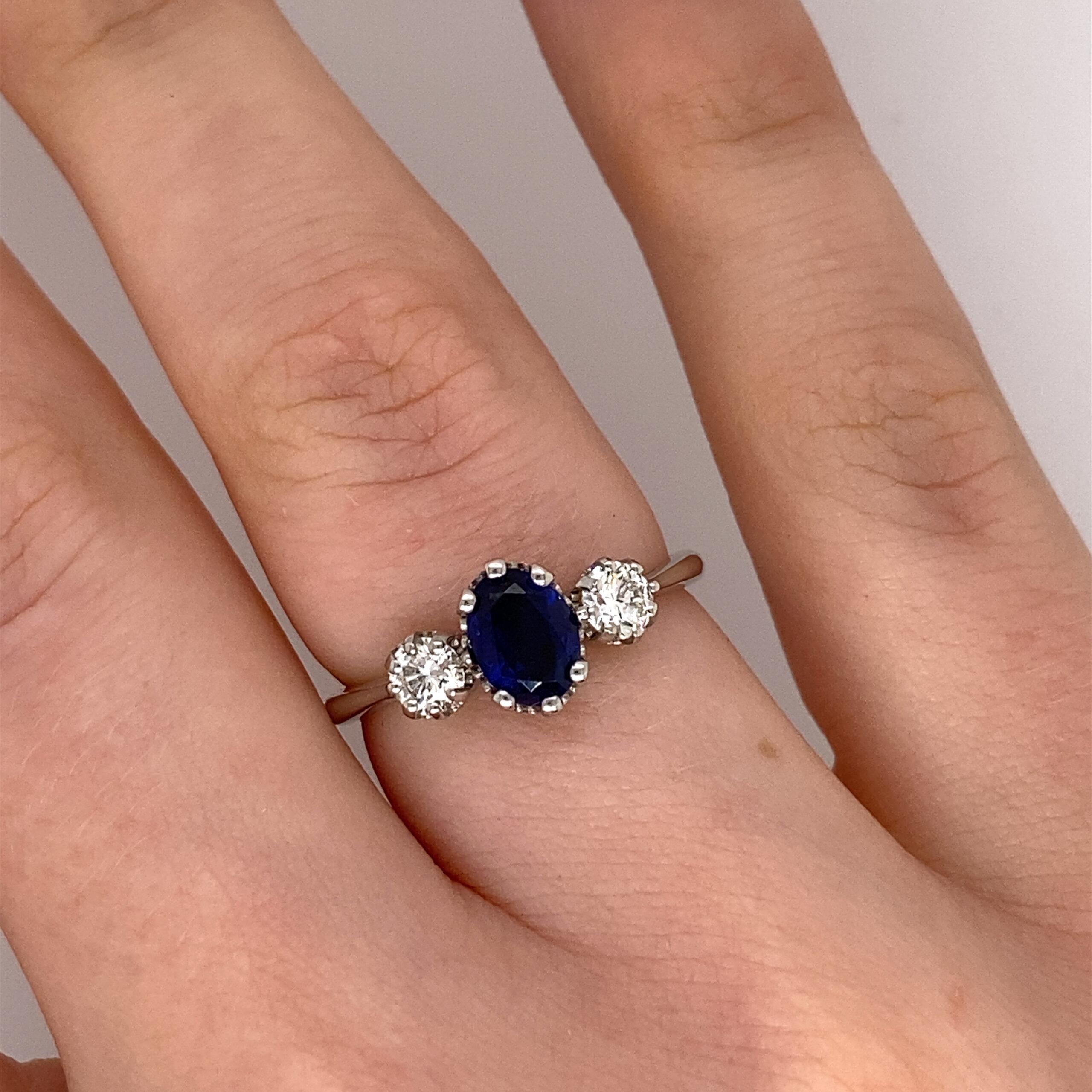 Women's Platinum Very Finest Blue 0.96ct Sapphire and 0.38ct Diamond 3 Stone Ring For Sale
