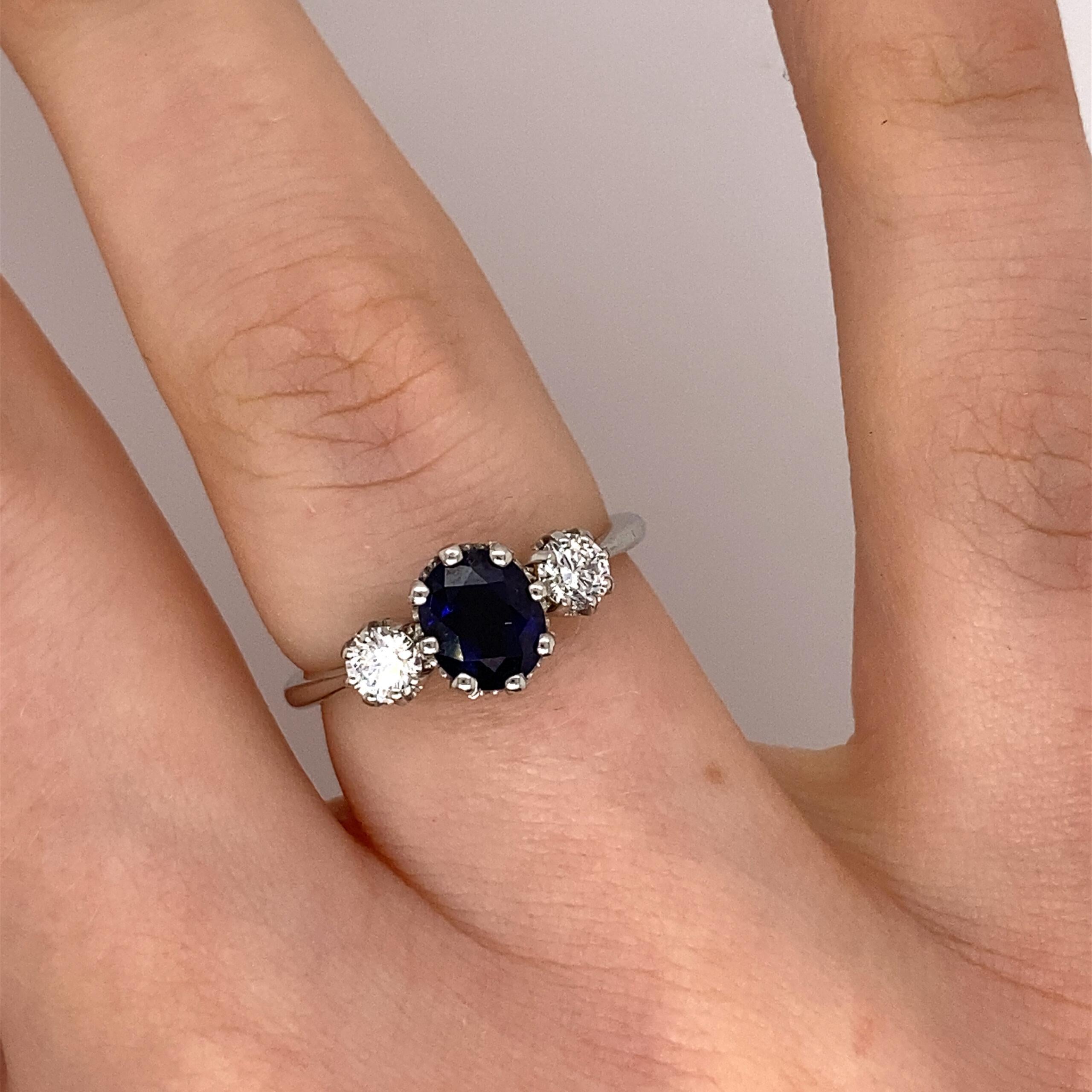 Women's Platinum Very Finest Blue 1.19ct Sapphire 3 Stone Ring with 0.39ct of Diamonds For Sale