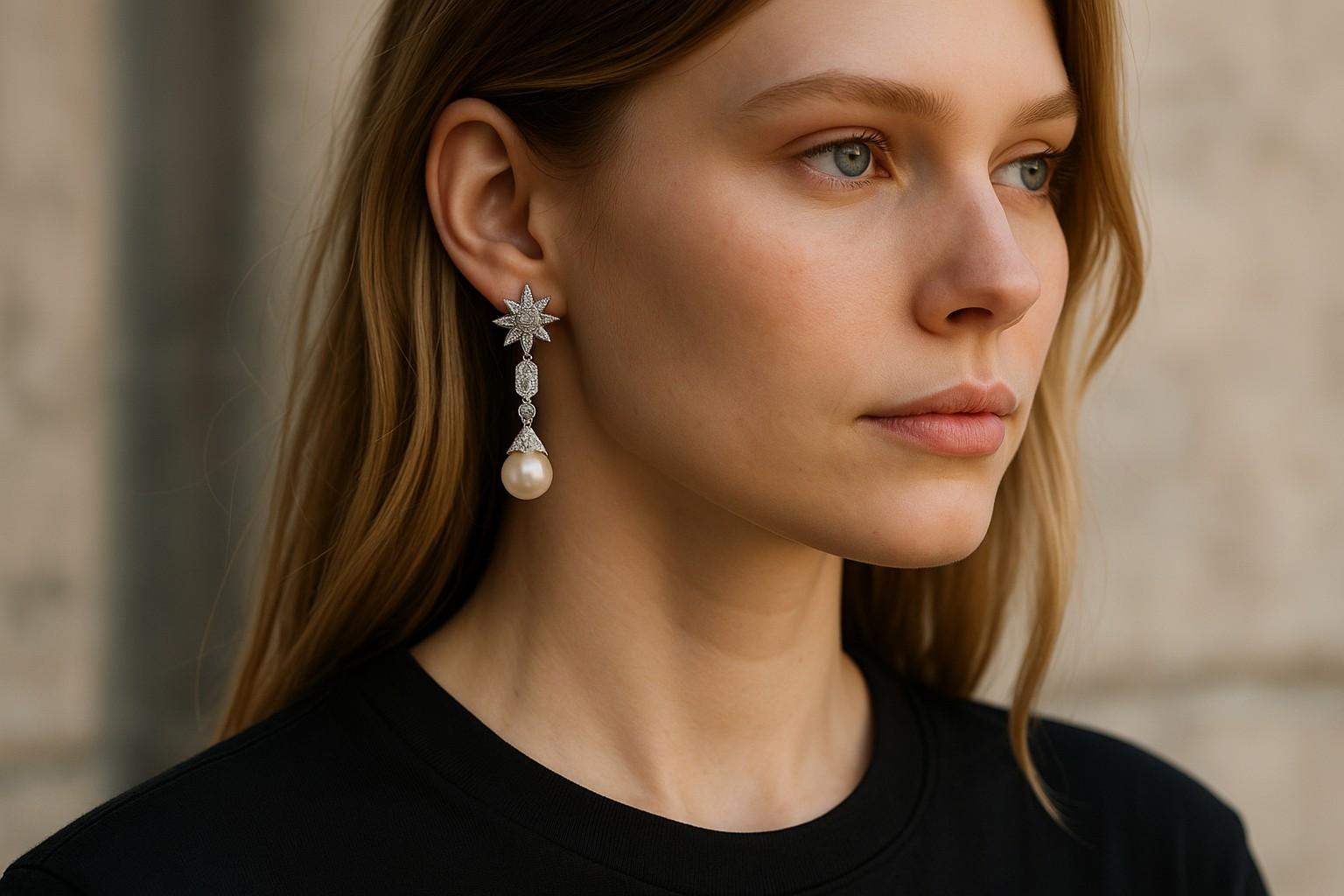 Diese exquisiten Platin-Ohrringe sind ein zeitloser Schatz aus der viktorianischen Ära und verkörpern antike Eleganz und feine Handwerkskunst. Jeder Ohrring besteht aus einer schimmernden cremefarbenen Perle mit einem Durchmesser von ca. 7,60 mm,