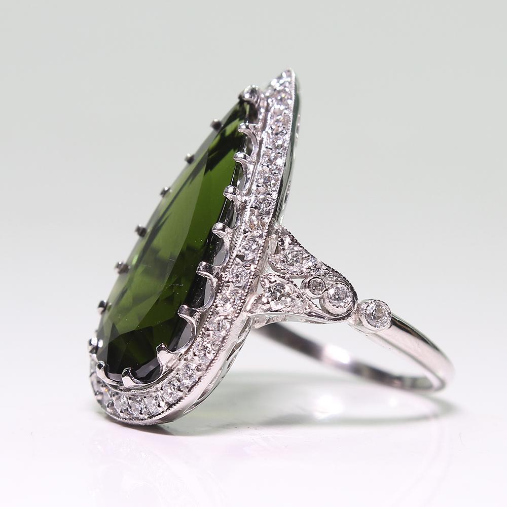 Platinum Victorian Style Antique Green Tourmaline and Diamond Halo Ring In Excellent Condition For Sale In Scottsdale, AZ