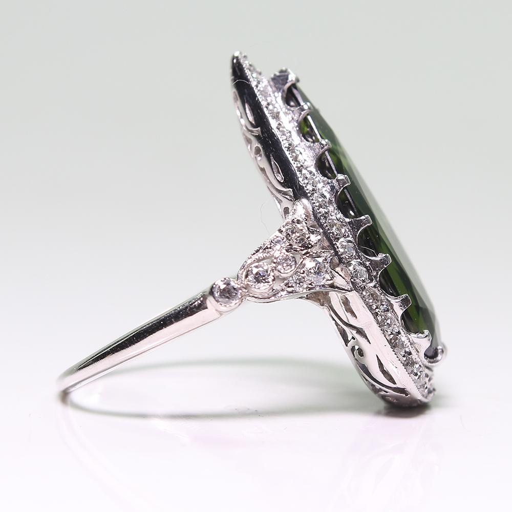 Platinum Victorian Style Antique Green Tourmaline and Diamond Halo Ring For Sale 1