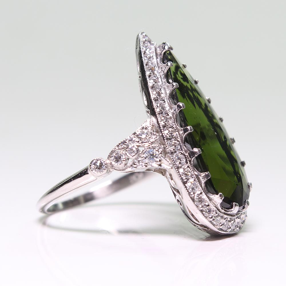 Platinum Victorian Style Antique Green Tourmaline and Diamond Halo Ring For Sale 2