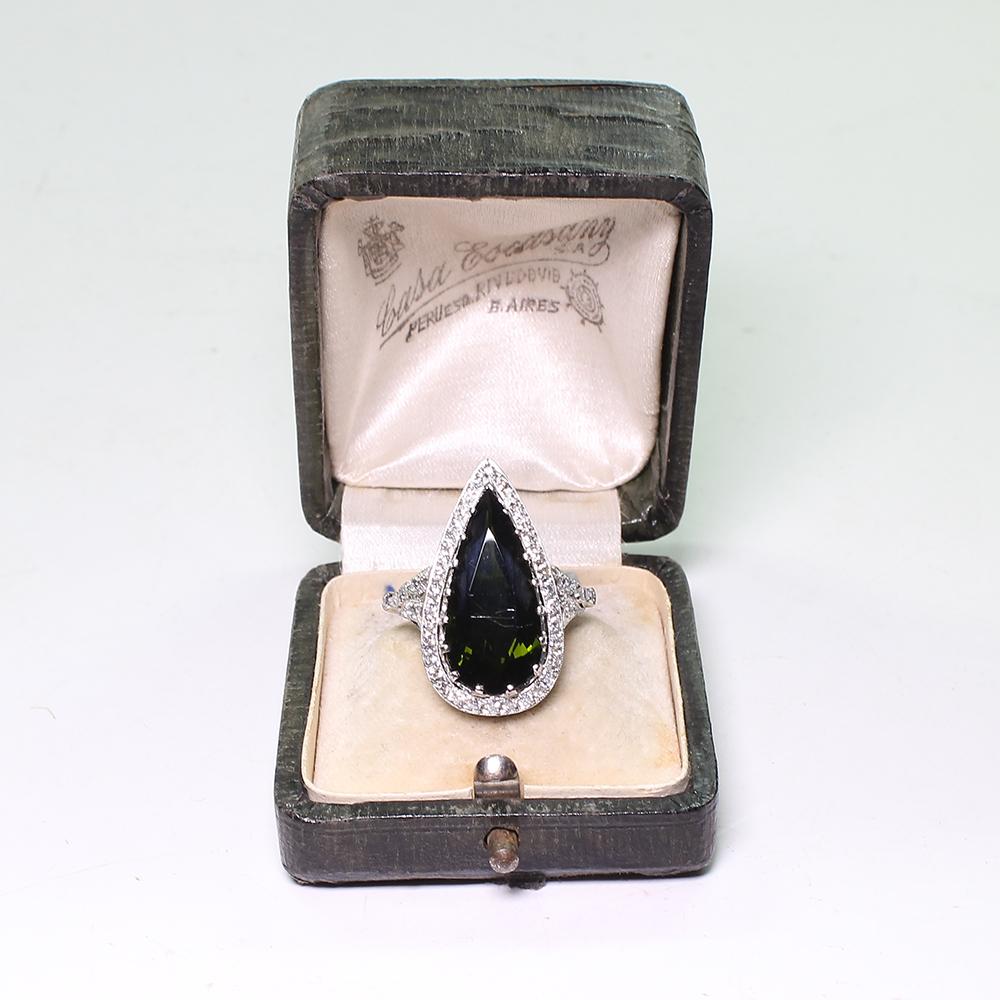 Platinum Victorian Style Antique Green Tourmaline and Diamond Halo Ring For Sale 3