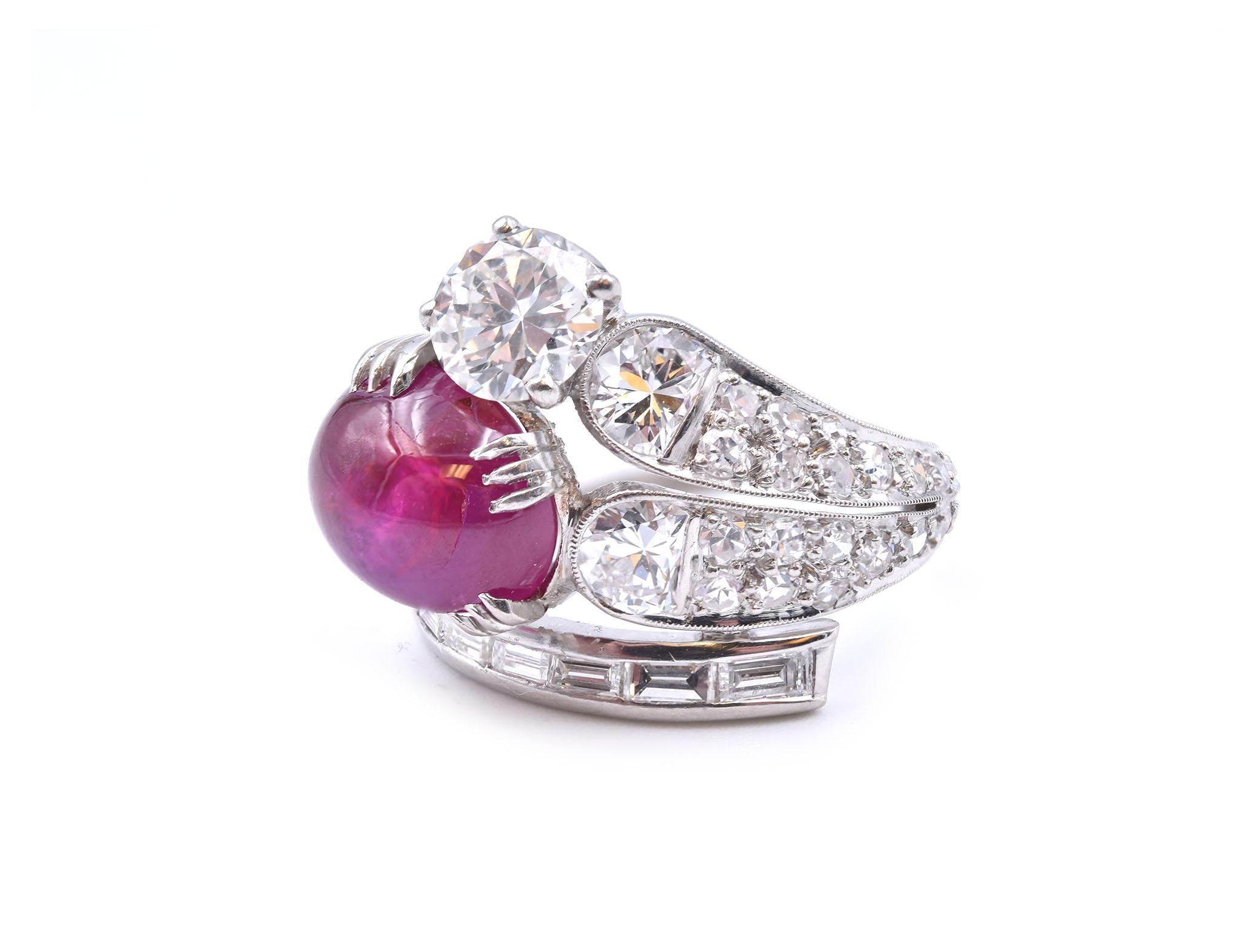 Platinum Vintage 1960s Diamond and Cabochon Ruby Ring In Excellent Condition In Scottsdale, AZ