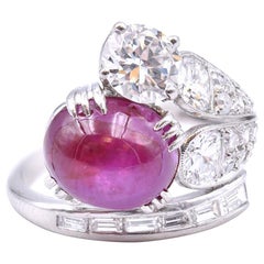 Platinum Vintage 1960s Diamond and Cabochon Ruby Ring