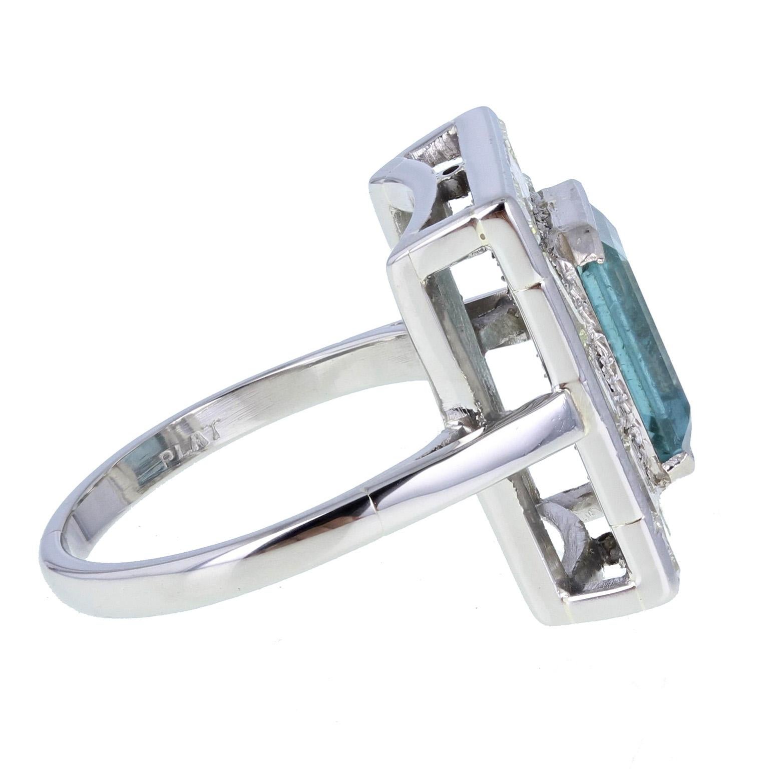 Emerald Cut Platinum Vintage Aquamarine Diamond Cocktail Ring For Sale