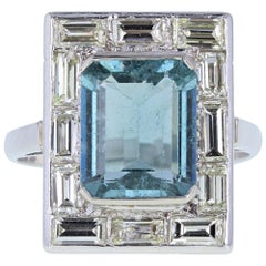 Platinum Vintage Aquamarine Diamond Cocktail Ring