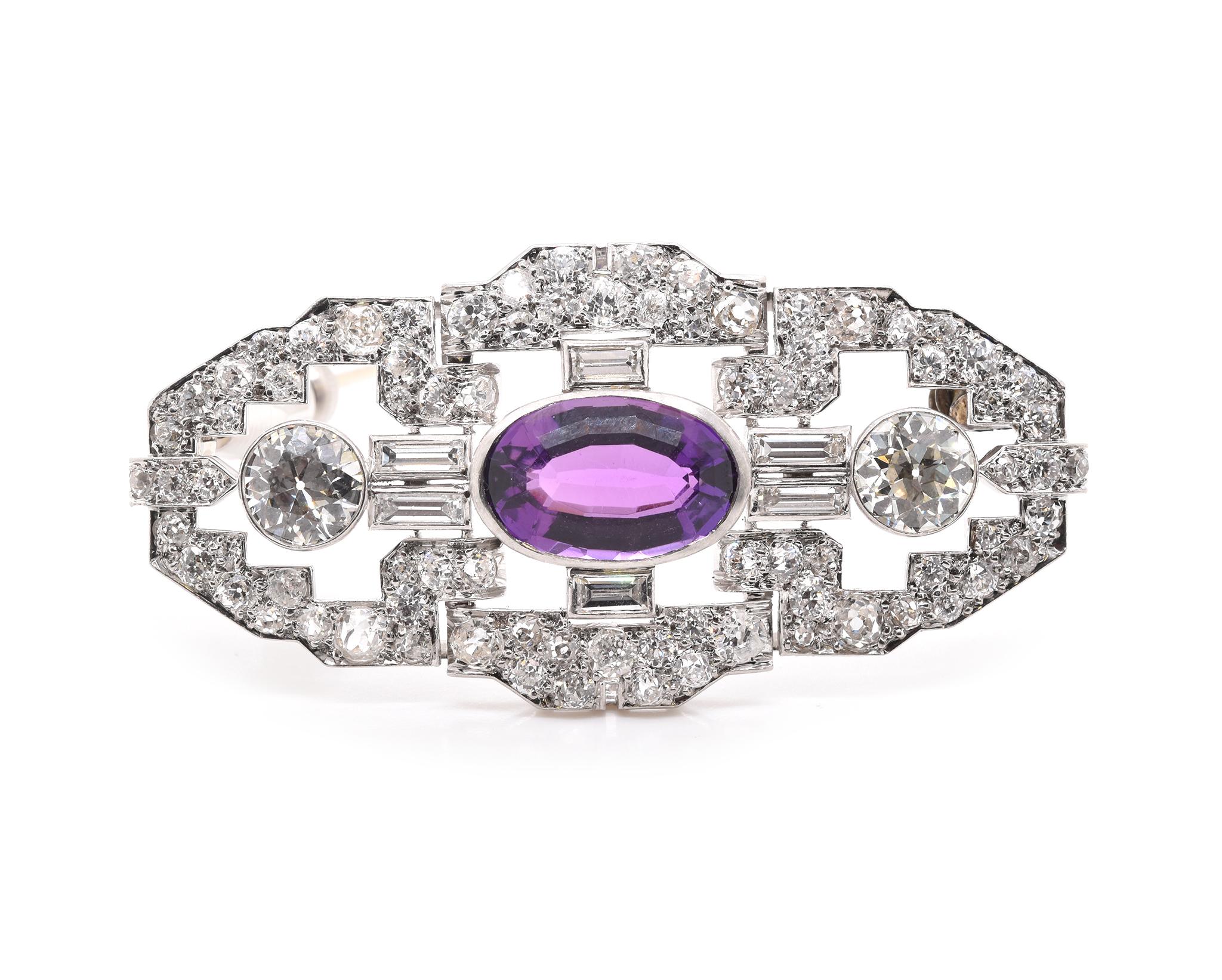 Platinum Vintage Art Deco Amethyst and Diamond Pin In Good Condition For Sale In Scottsdale, AZ