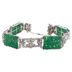 Platinum Vintage Art Deco Bracelet with Diamonds and Carved Jade