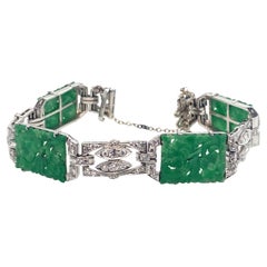 Bracciale Art Deco vintage in platino con diamanti e giada intagliata
