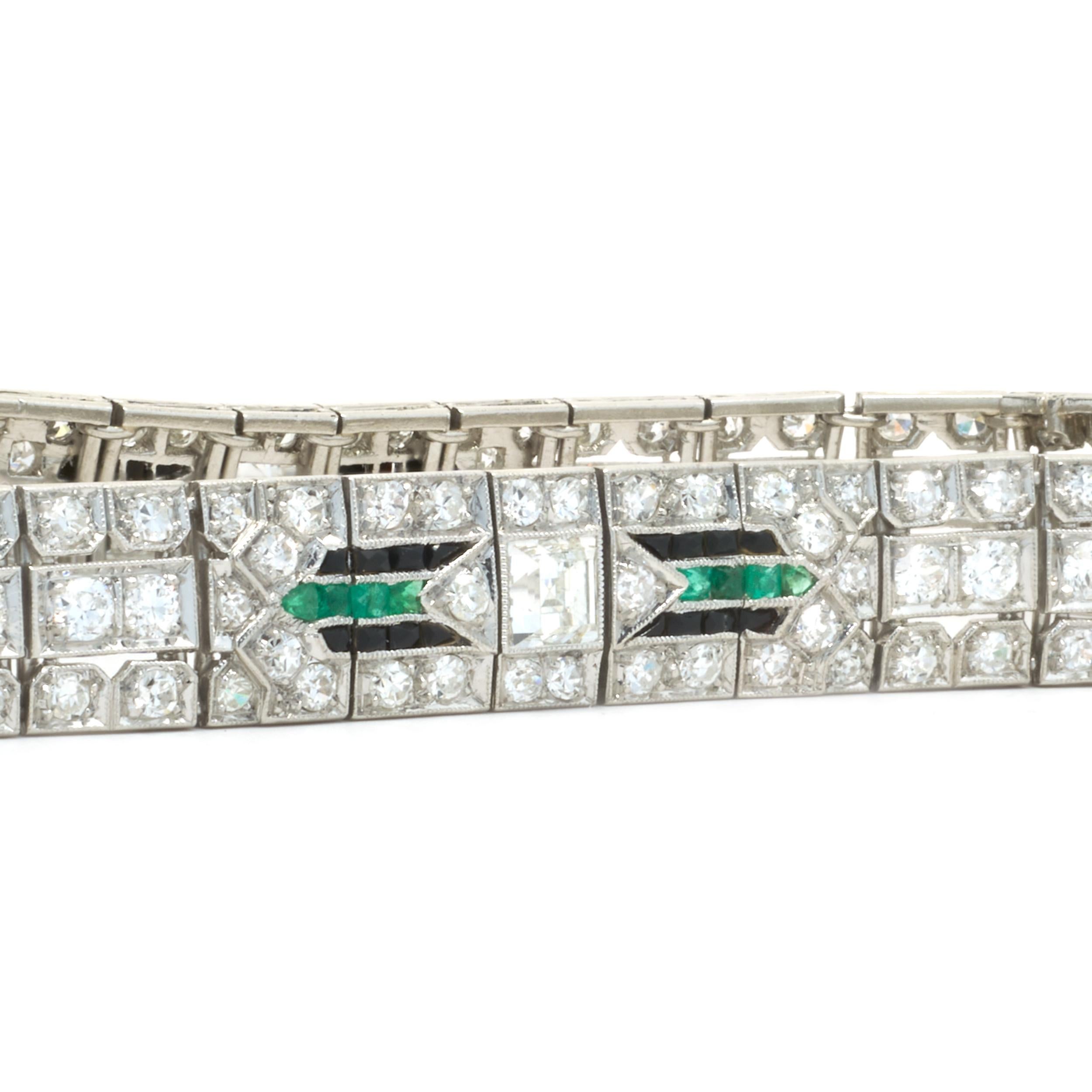 Mixed Cut Platinum Vintage Art Deco Diamond and Emerald Bracelet