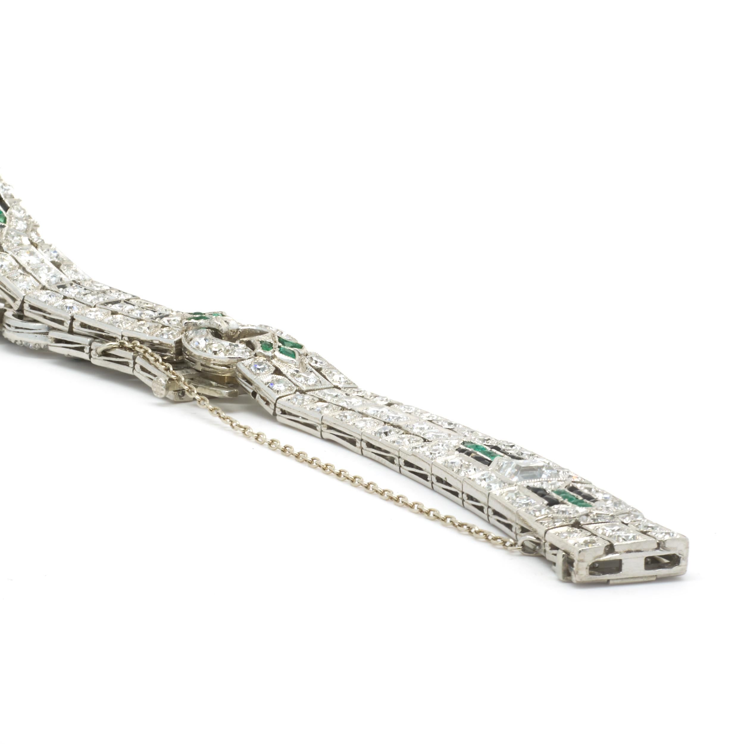 Platinum Vintage Art Deco Diamond and Emerald Bracelet In Excellent Condition In Scottsdale, AZ