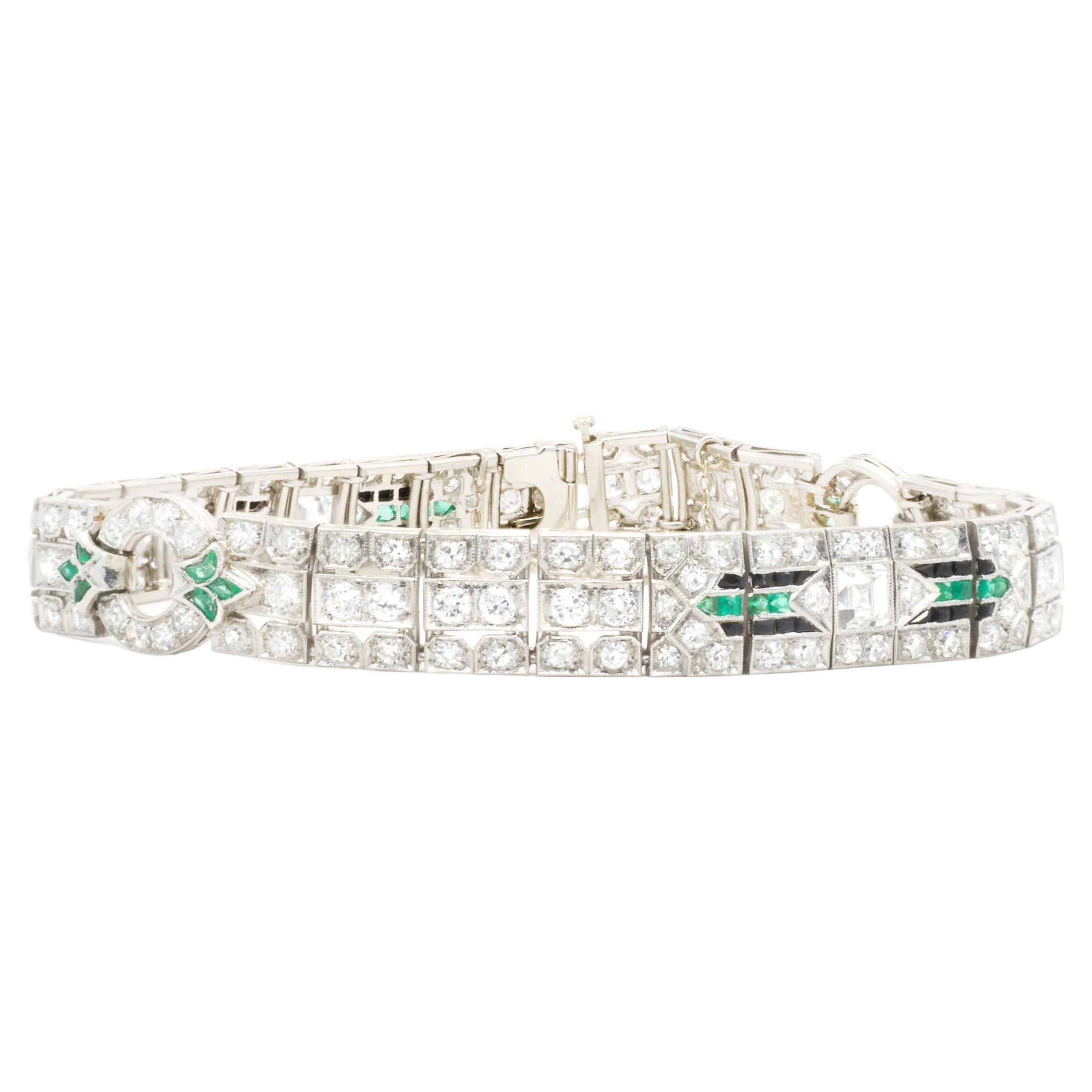Platinum Vintage Art Deco Diamond and Emerald Bracelet