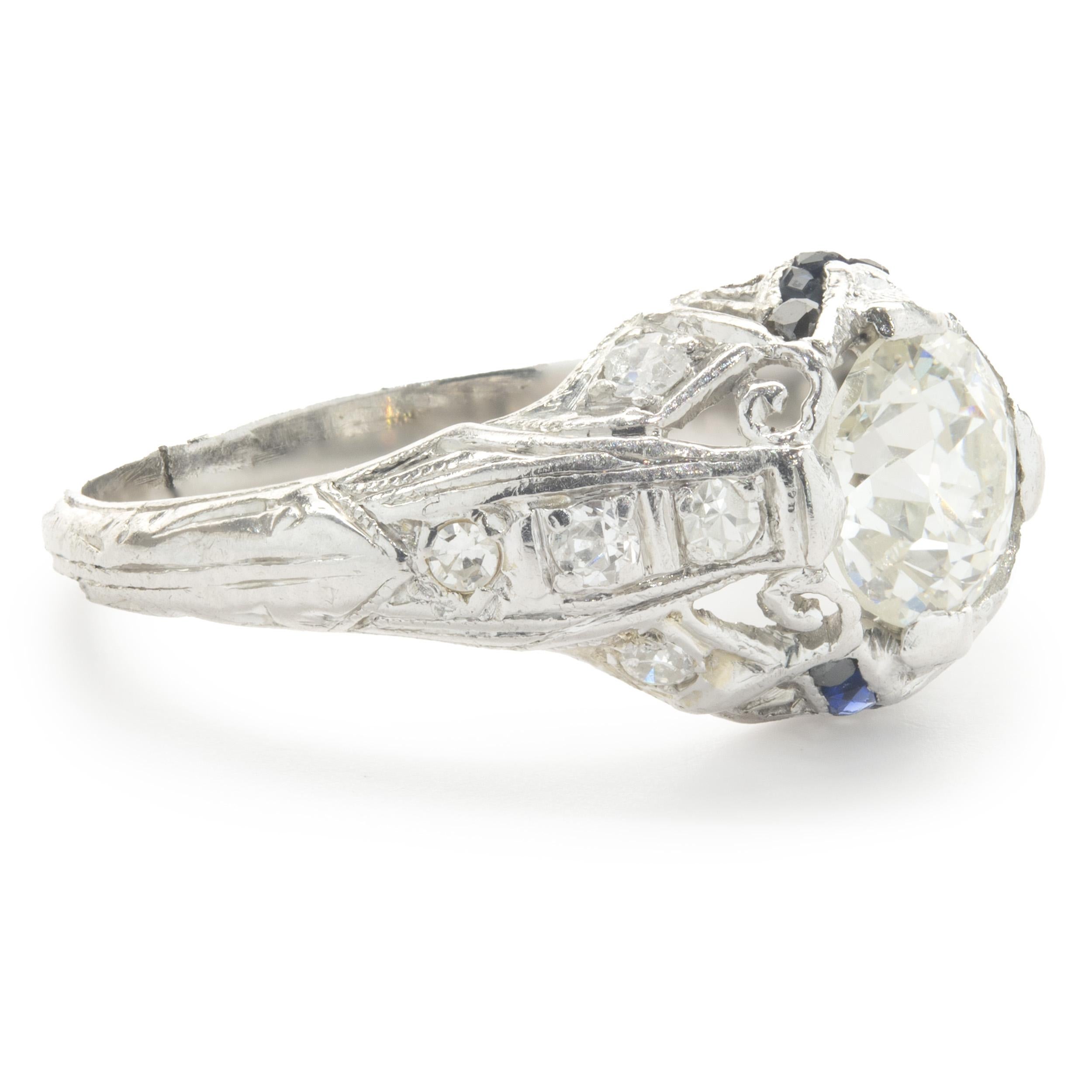 Platinum Vintage Art Deco Diamond and Sapphire Ring In Good Condition For Sale In Scottsdale, AZ