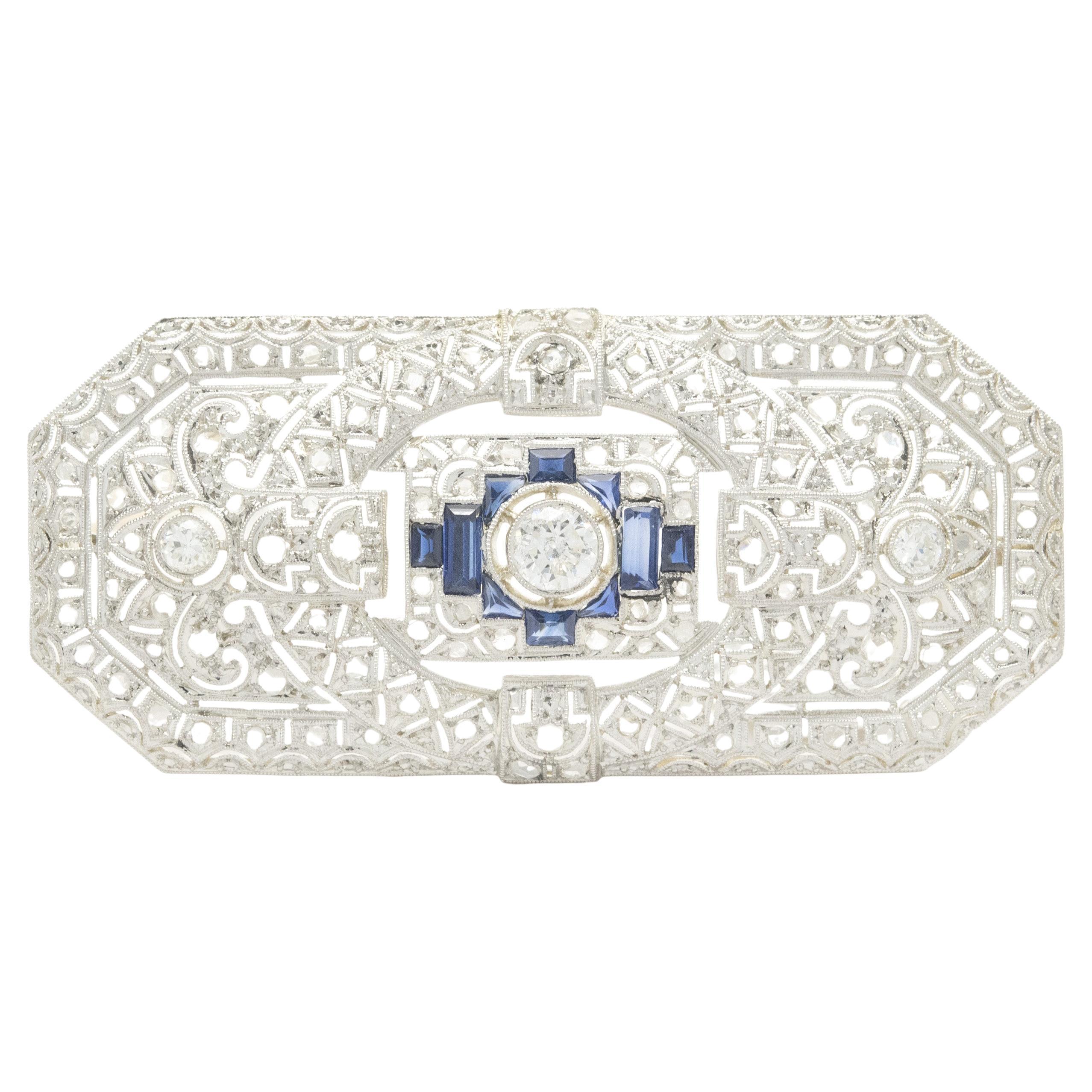 Platinum Vintage Art Deco Diamond and Synthetic Sapphire Pin For Sale ...