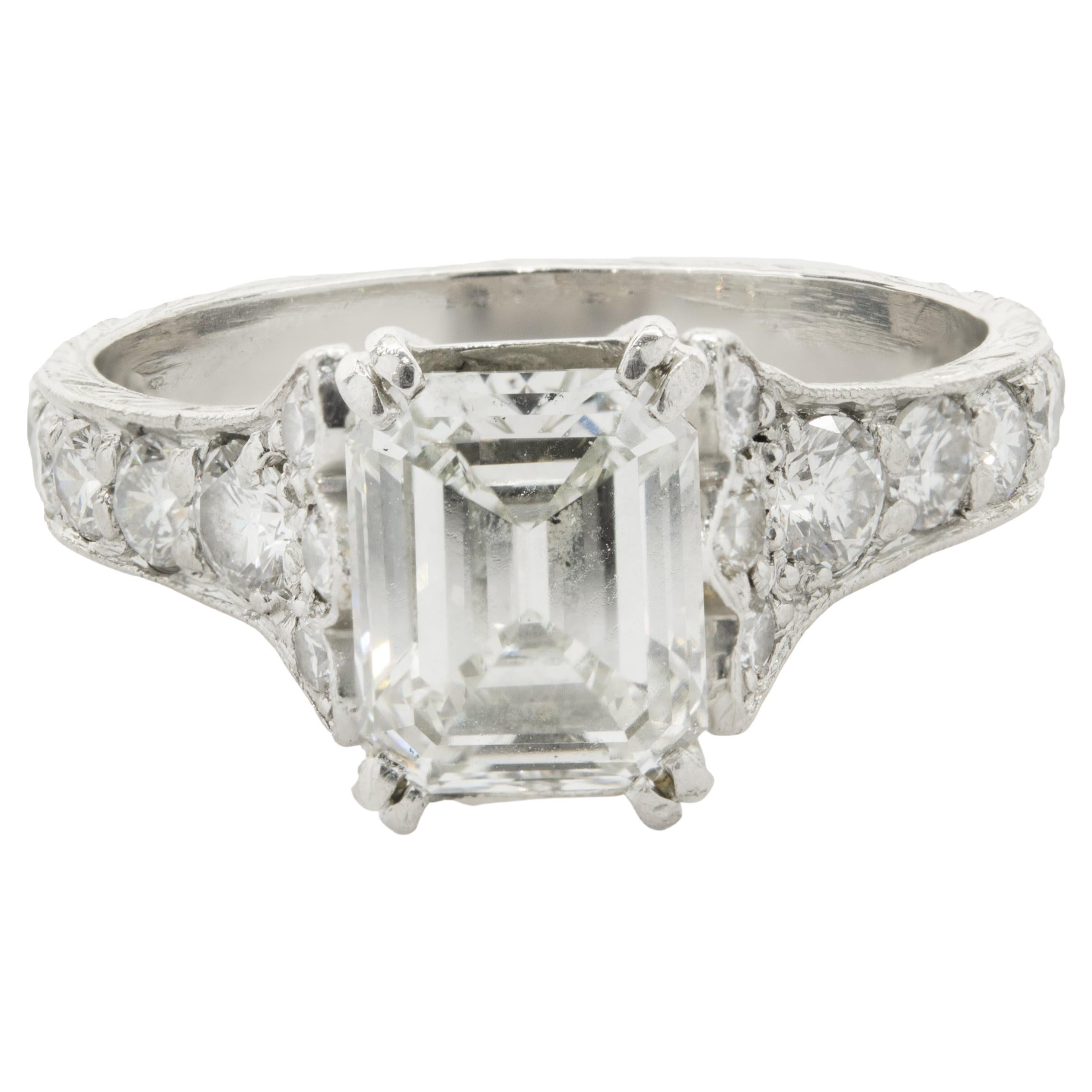 Platinum Vintage Art Deco Emerald Cut Diamond Engagement Ring