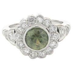 Platinum Vintage Art Deco Green Apple Sapphire and Diamond Ring