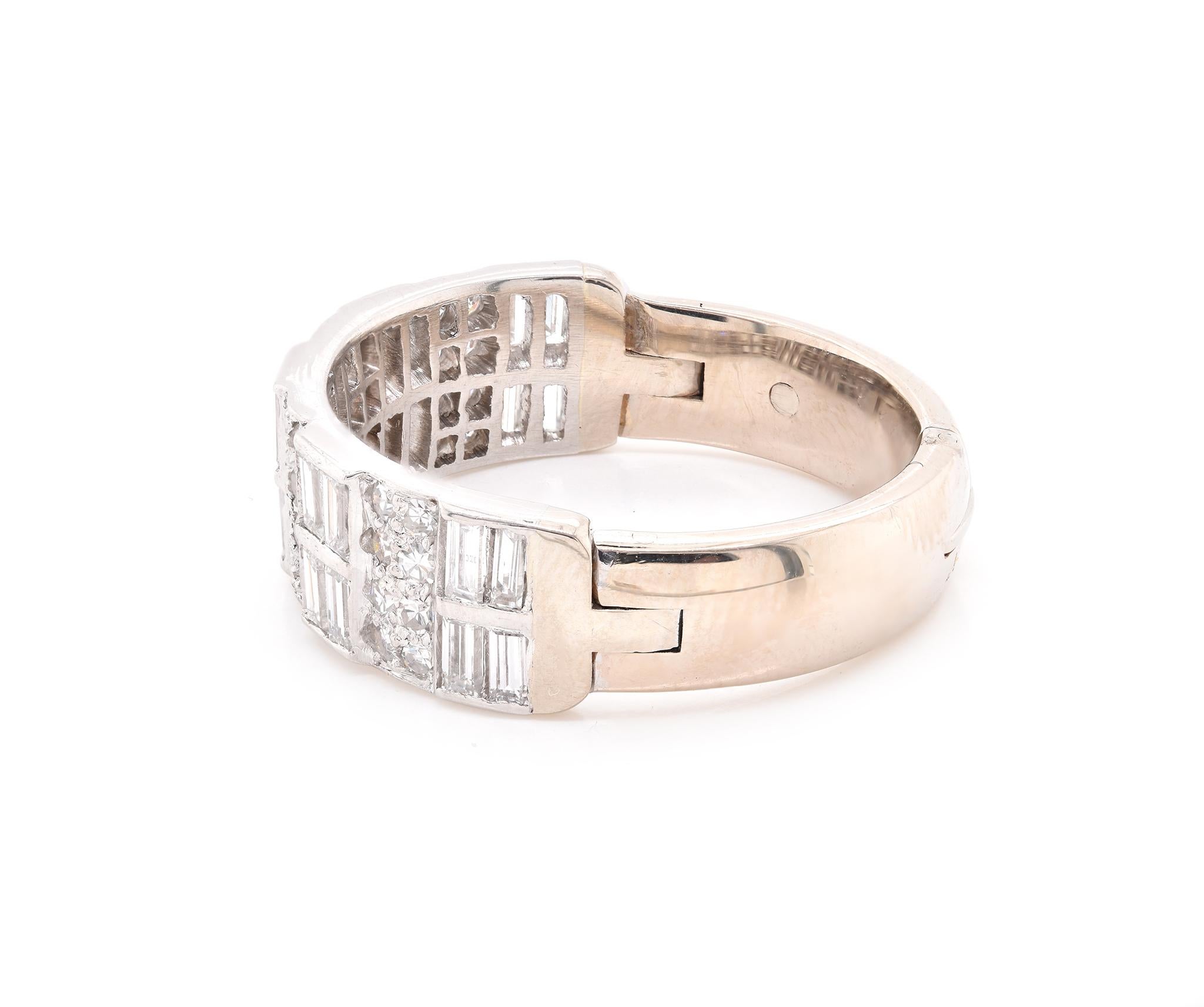 Designer: custom
Material: platinum 
Diamond: 20 baguette cut = 0.60cttw
Color: G
Clarity: SI1
Diamond: 32 single round cut = 0.45cttw
Color: G
Clarity: SI1
Ring size: 8.25 with Arthritic Shank (please allow two additional shipping days for sizing