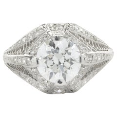Platinum Vintage Art Deco Round European Cut Diamond Engagement Ring