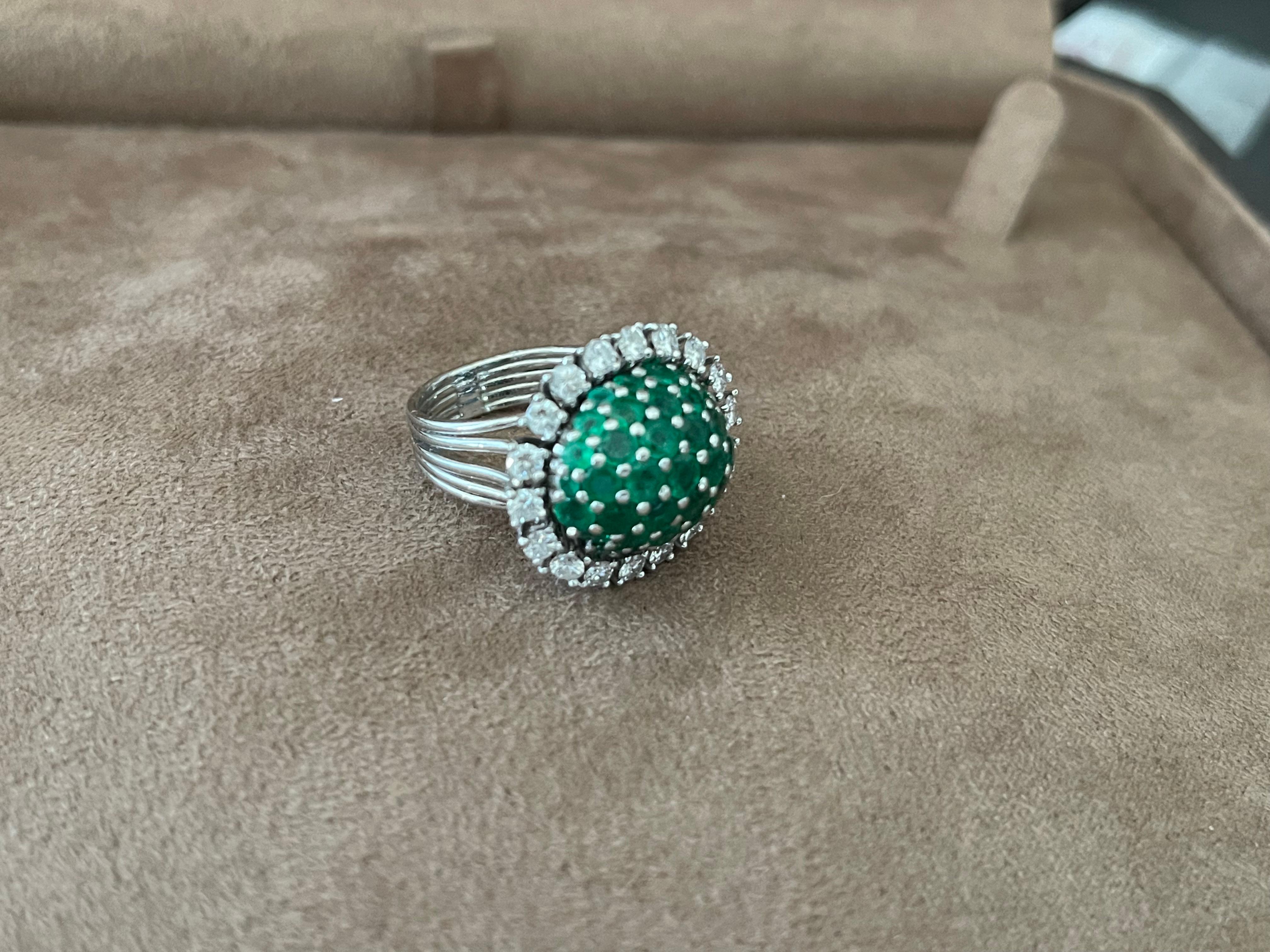 Platinum Vintage Cocktail Ring Diamonds Emeralds For Sale 4