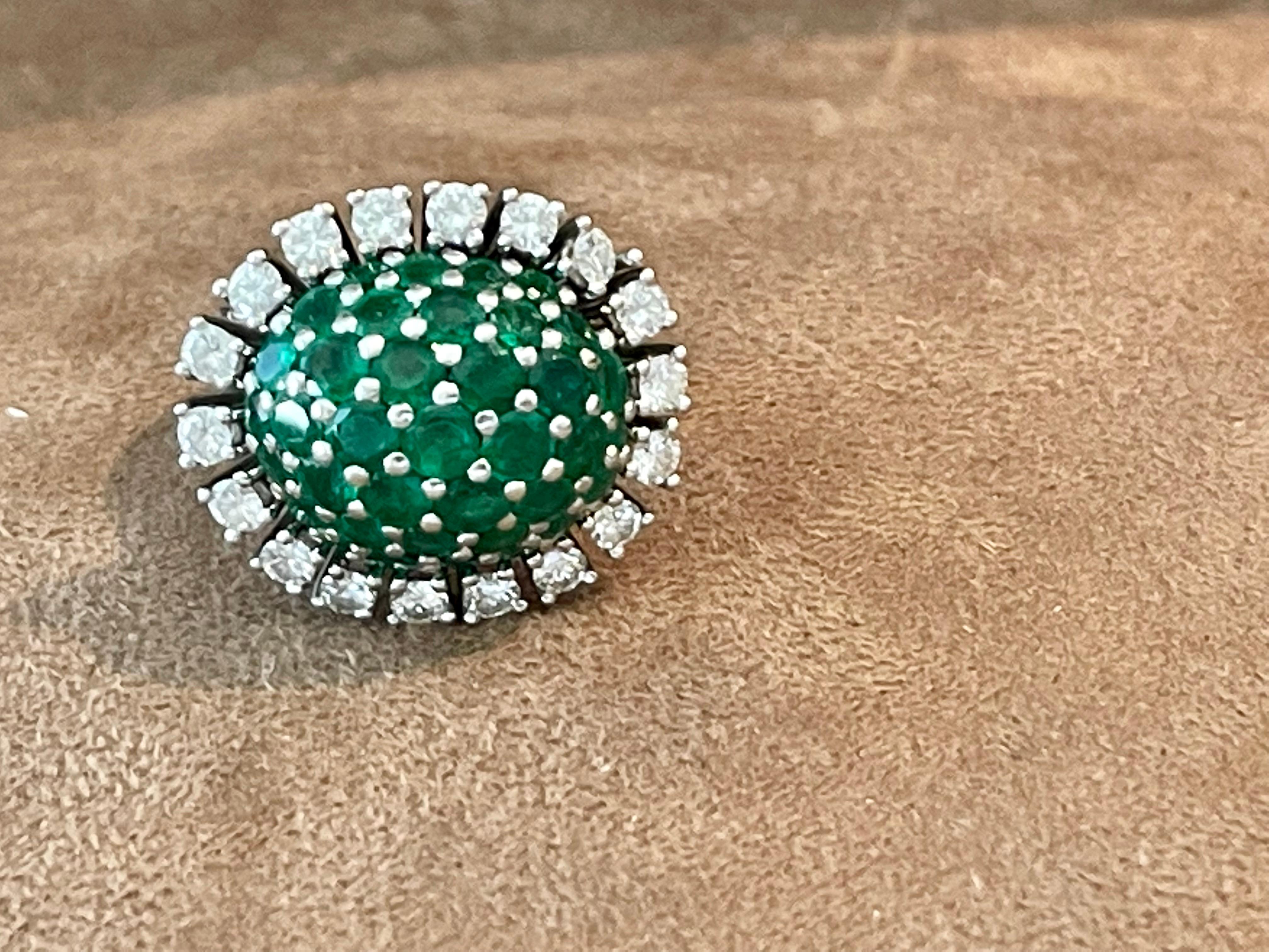 Brilliant Cut Platinum Vintage Cocktail Ring Diamonds Emeralds For Sale