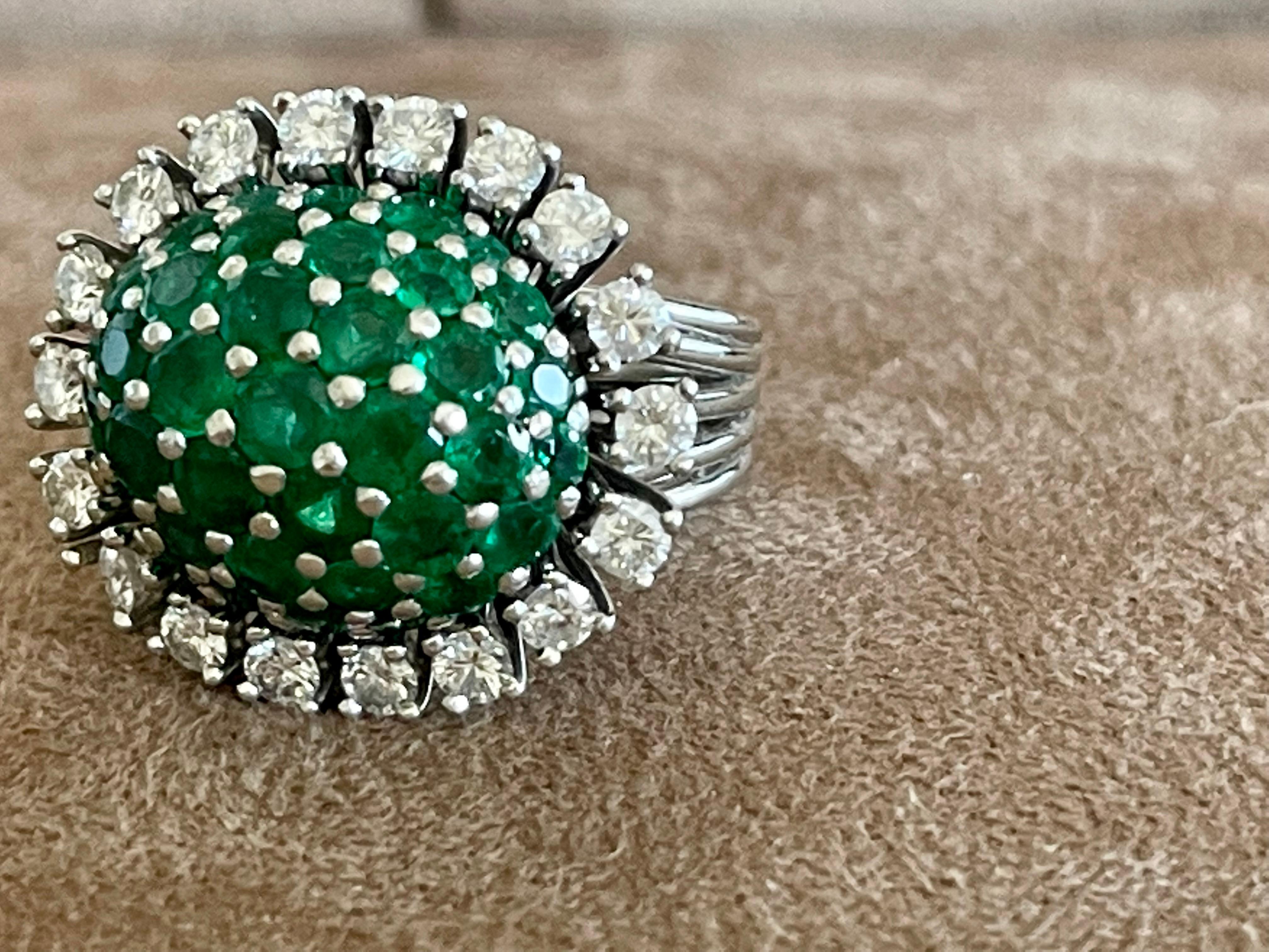 Platinum Vintage Cocktail Ring Diamonds Emeralds For Sale 2
