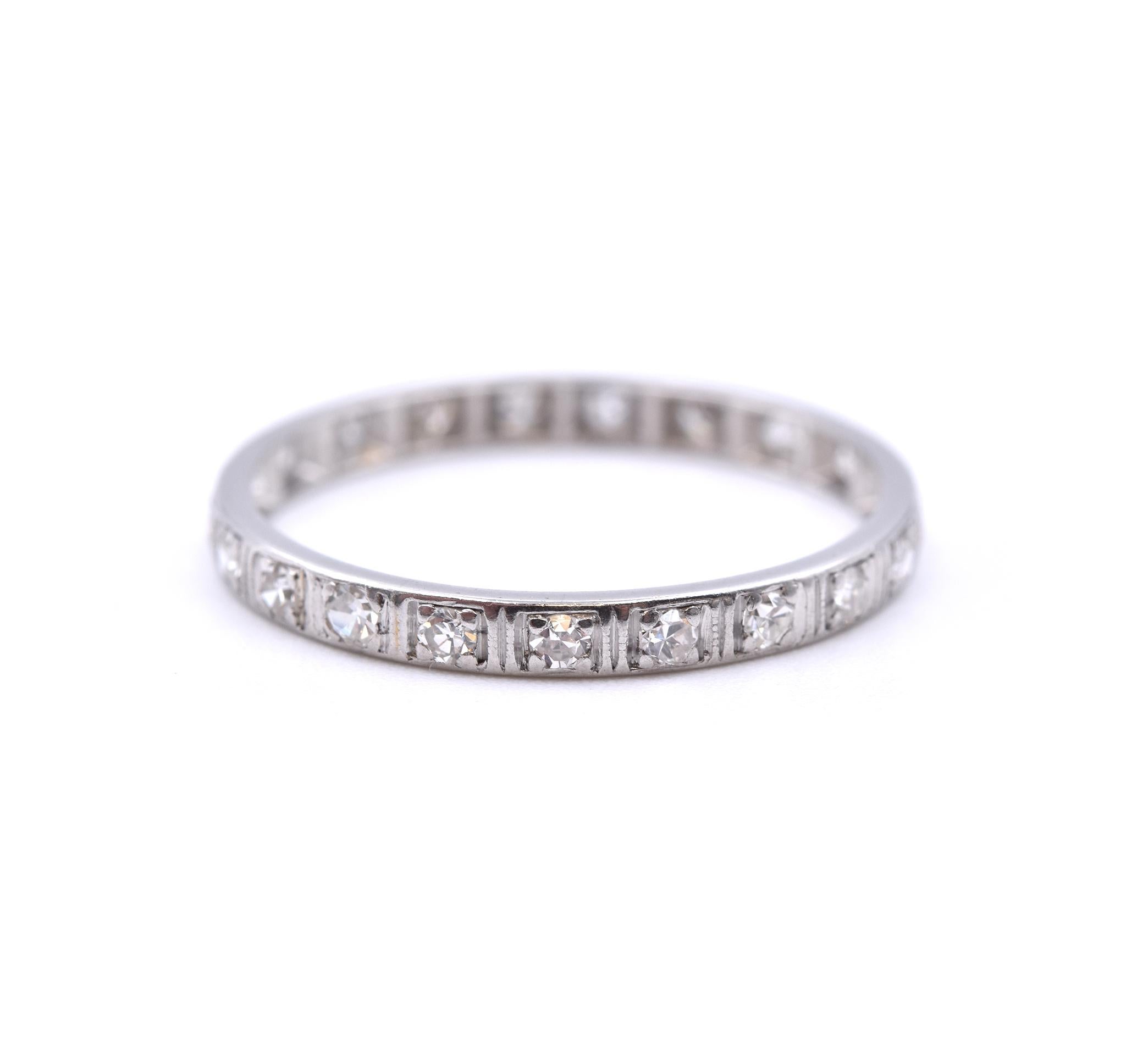 Designer: custom
Material: platinum
Diamonds: 21 round brilliant cut = .21cttw
Color: H
Clarity: SI1
Size: 7.5 (please allow two additional shipping days for sizing requests)  
Dimensions: ring measures 2.25mm in width
Weight: 1.76 grams
