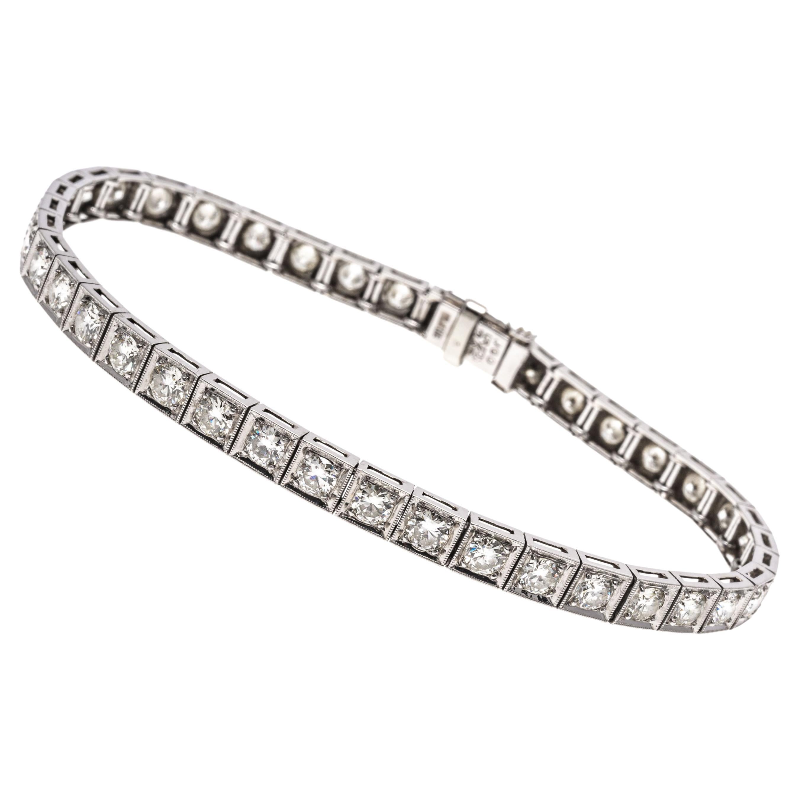 Platinum Vintage Diamond Line Bracelet, Approximately 3.72 TCW For Sale