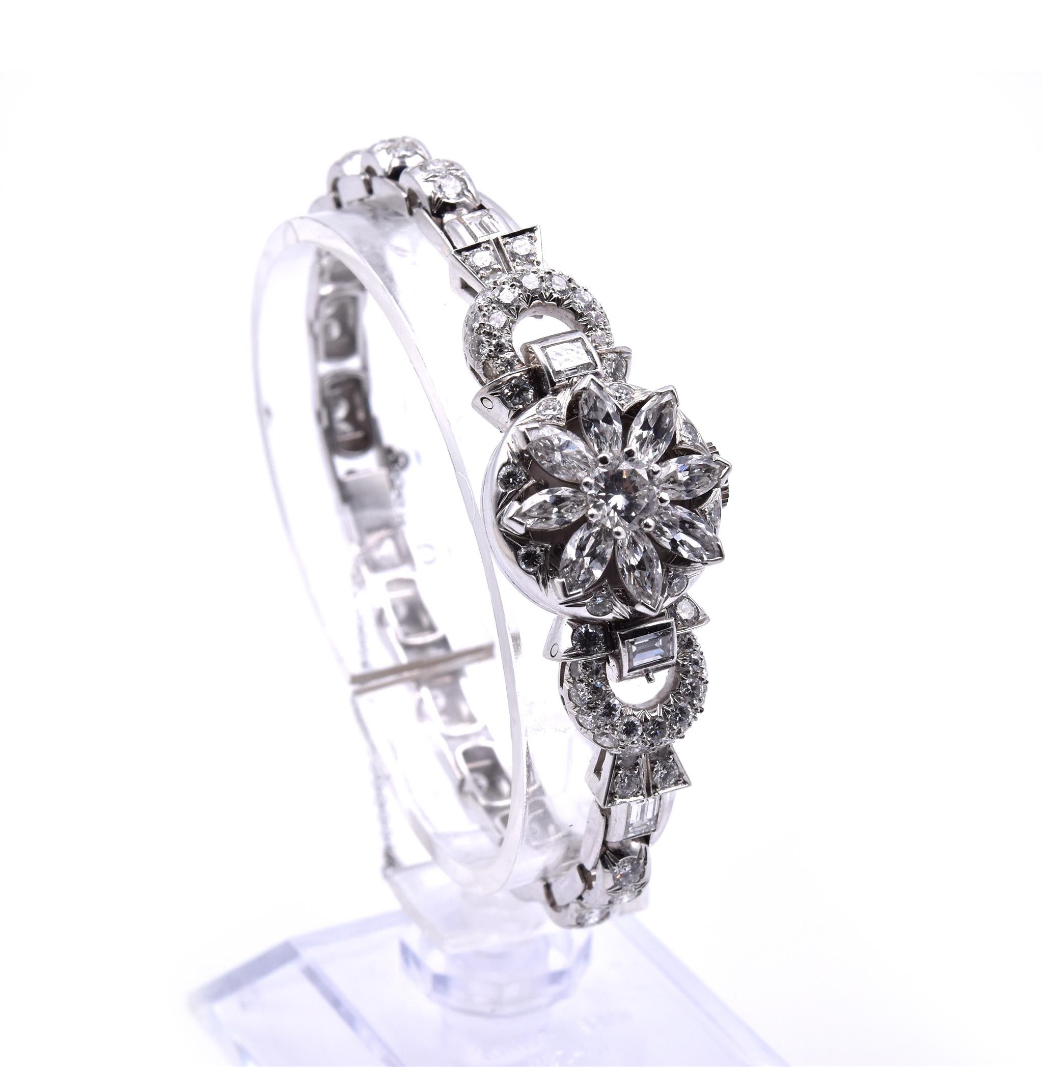 Movement: wind
Function: hours, minutes
Case: 17.60mm round platinum case, plastic protective crystal, push/pull crown
Band: platinum bracelet with fold over clasp
Dial: 
Diamonds: 97 diamonds= 4.31cttw
Color: G-H
Clarity: VS-VS1
Movement#: 46421
17