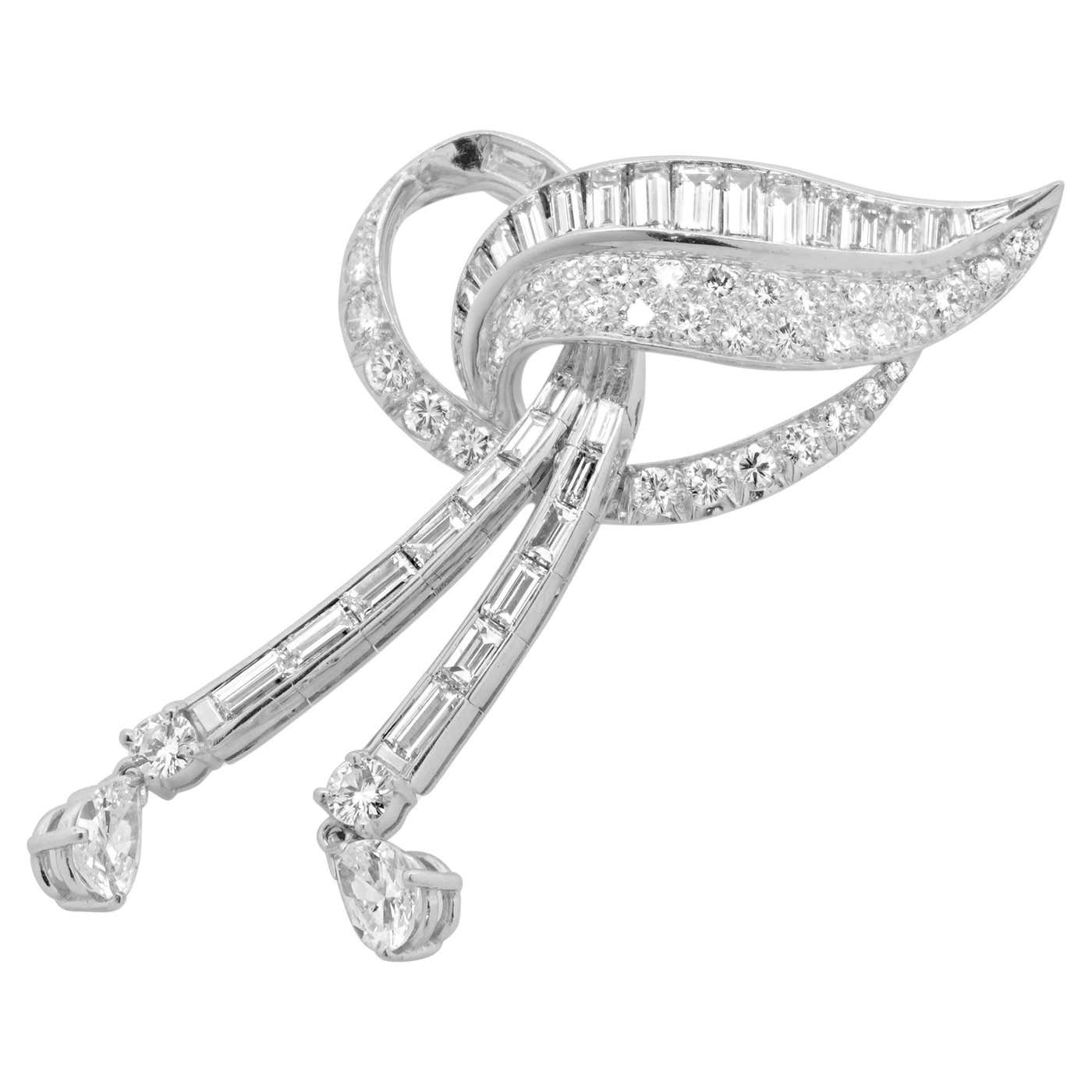Platinum Vintage Diamond Ribbon Pin For Sale at 1stDibs