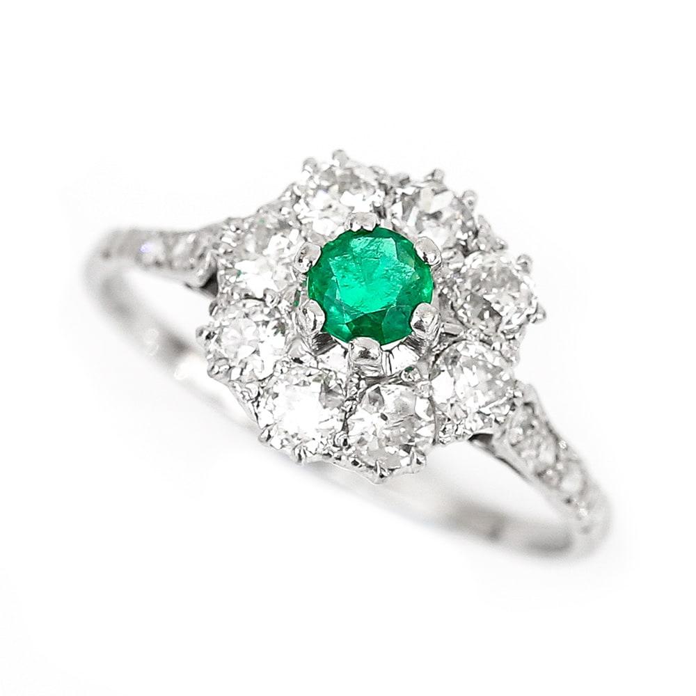 Emerald and Diamond Platinum Vintage Cluster Cocktail Ring Circa 1950 4