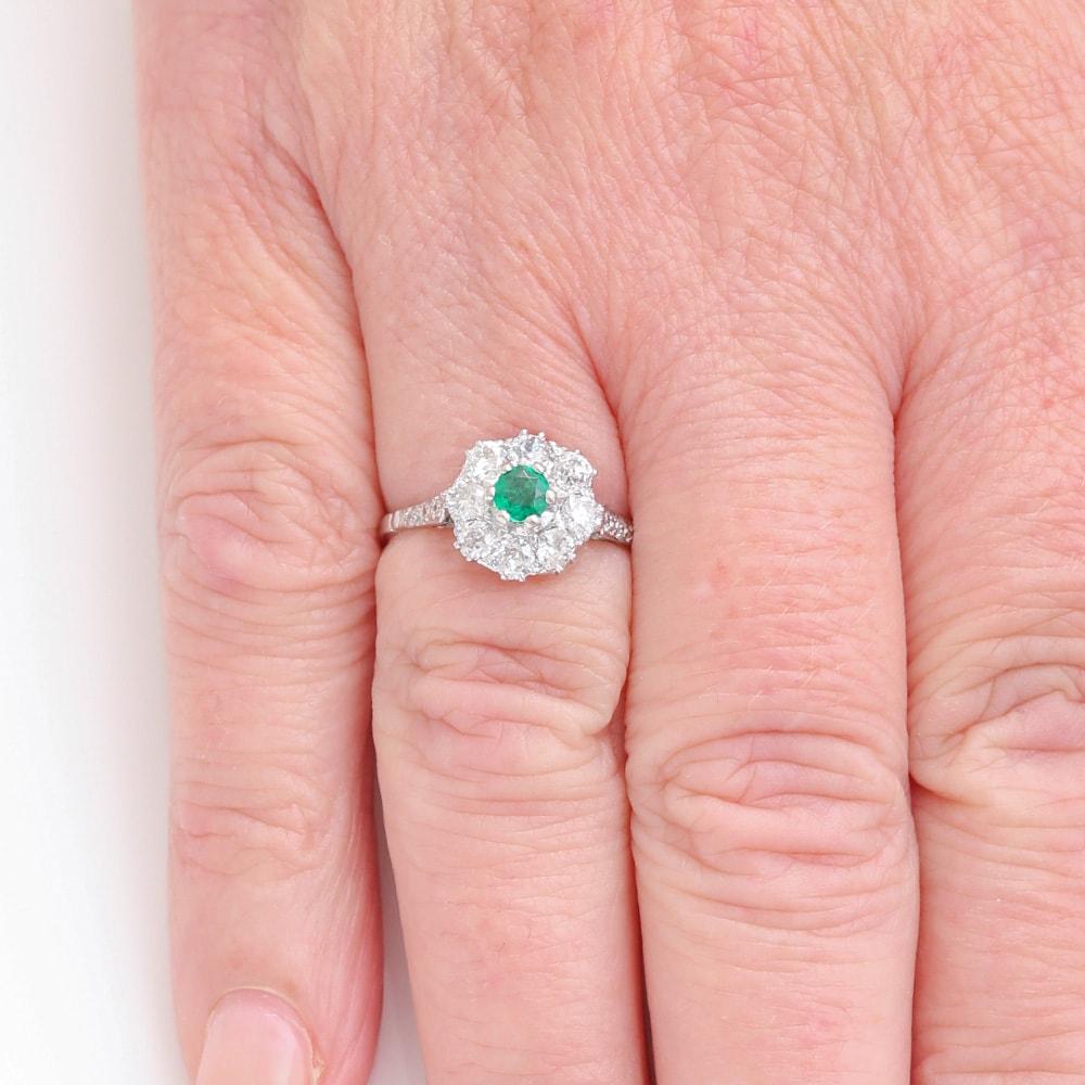 Emerald and Diamond Platinum Vintage Cluster Cocktail Ring Circa 1950 7