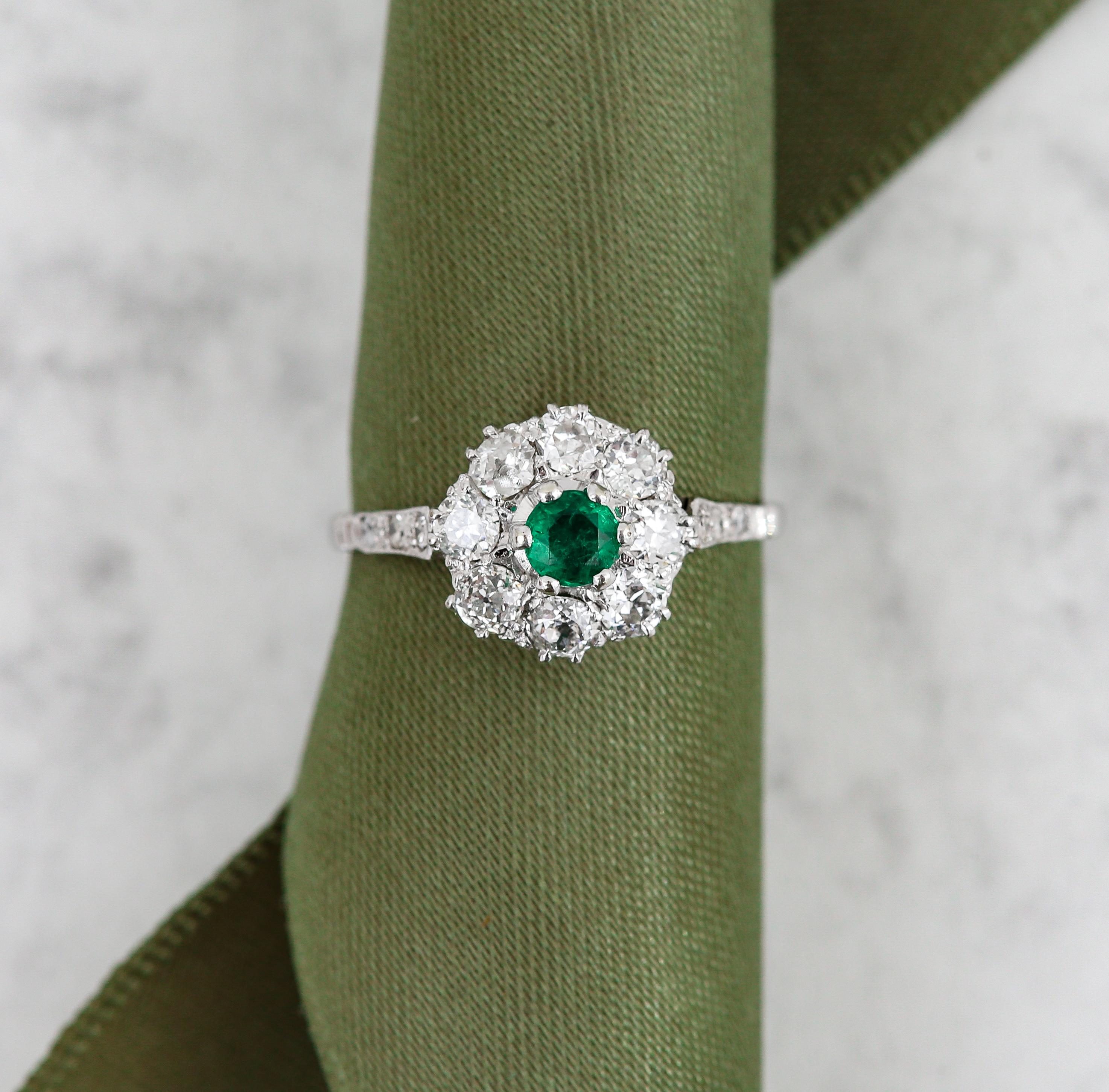 Emerald and Diamond Platinum Vintage Cluster Cocktail Ring Circa 1950 8