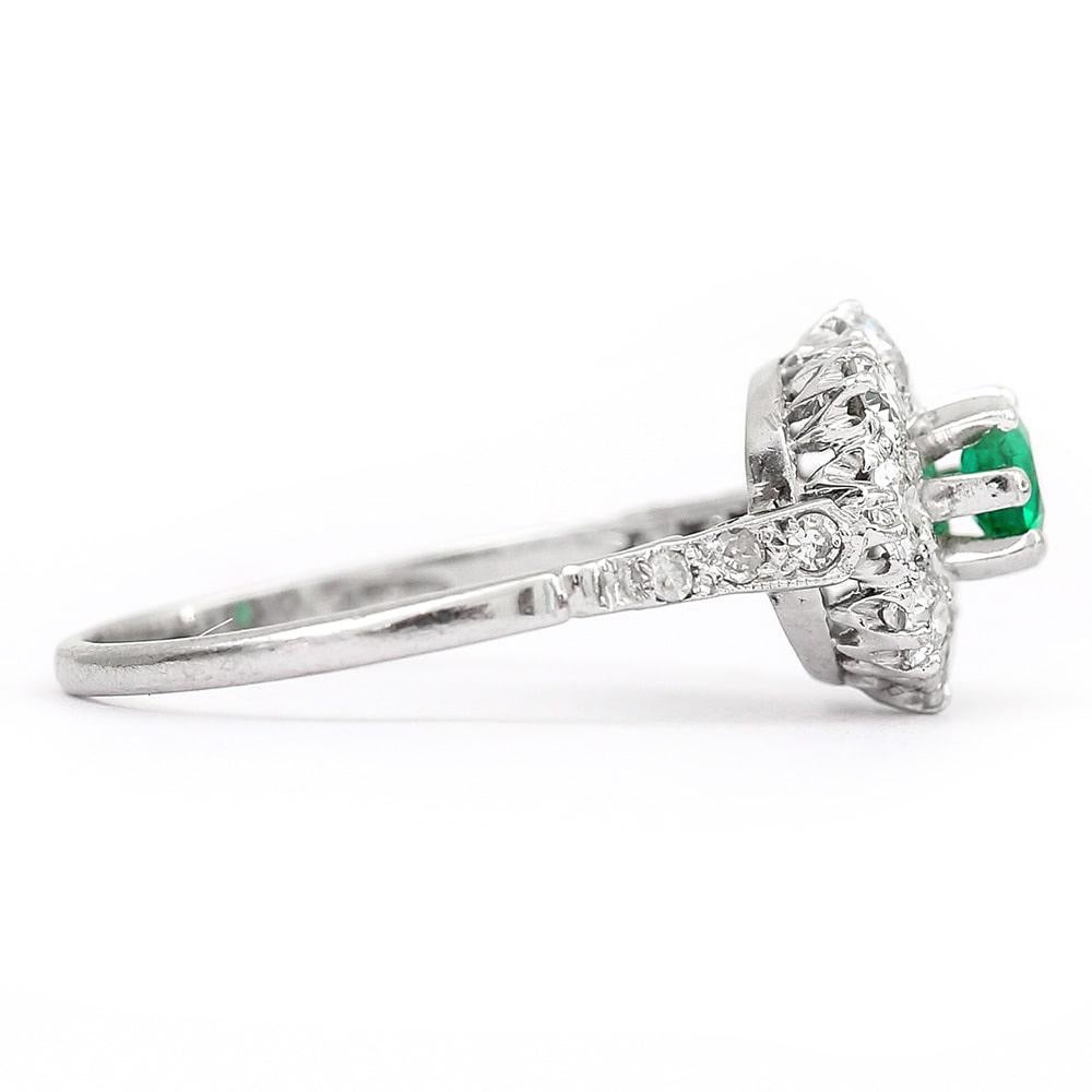 Round Cut Emerald and Diamond Platinum Vintage Cluster Cocktail Ring Circa 1950