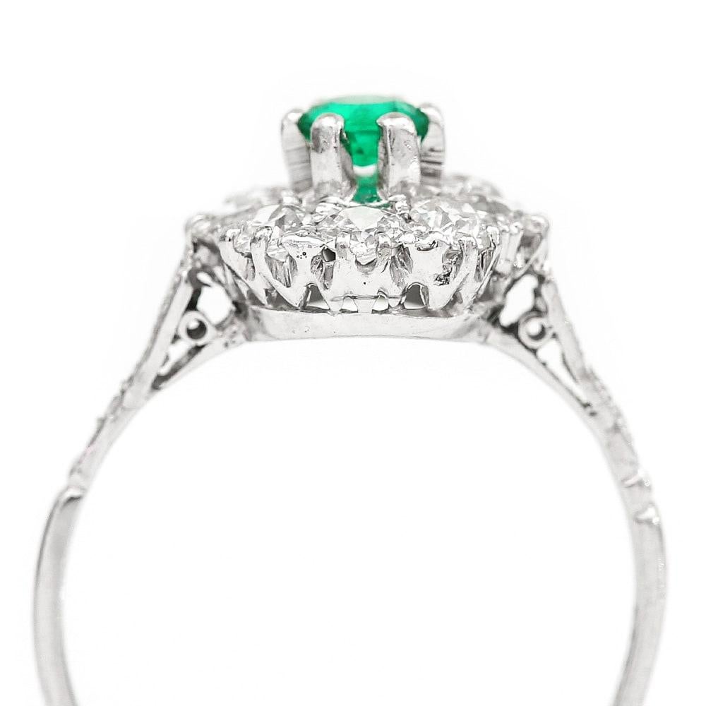 Women's Emerald and Diamond Platinum Vintage Cluster Cocktail Ring Circa 1950