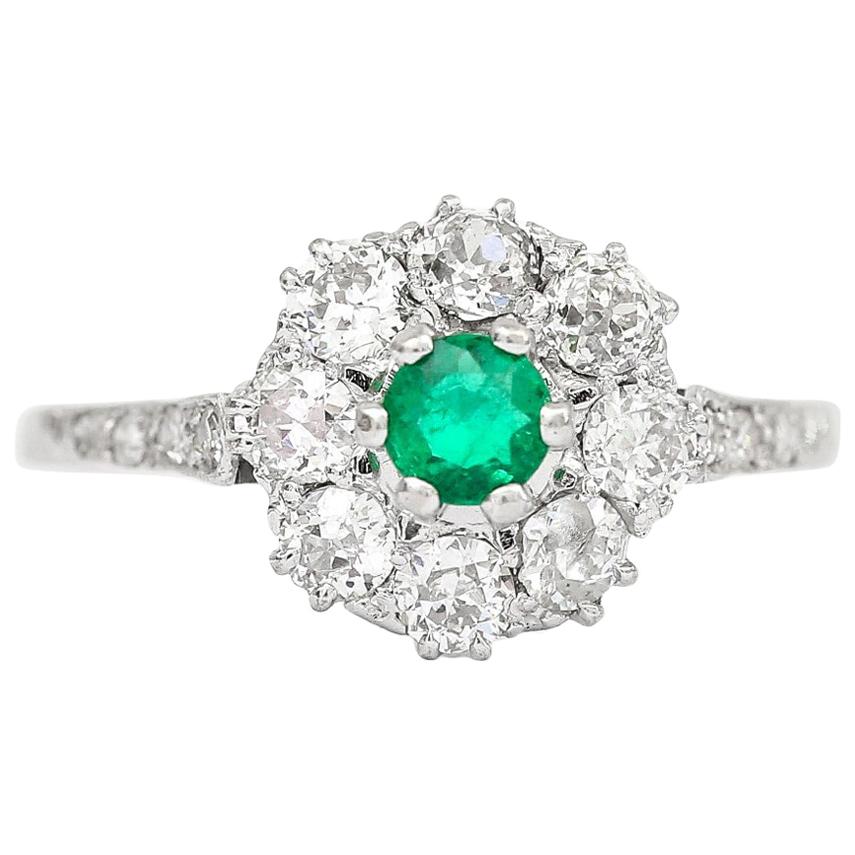 Emerald and Diamond Platinum Vintage Cluster Cocktail Ring Circa 1950