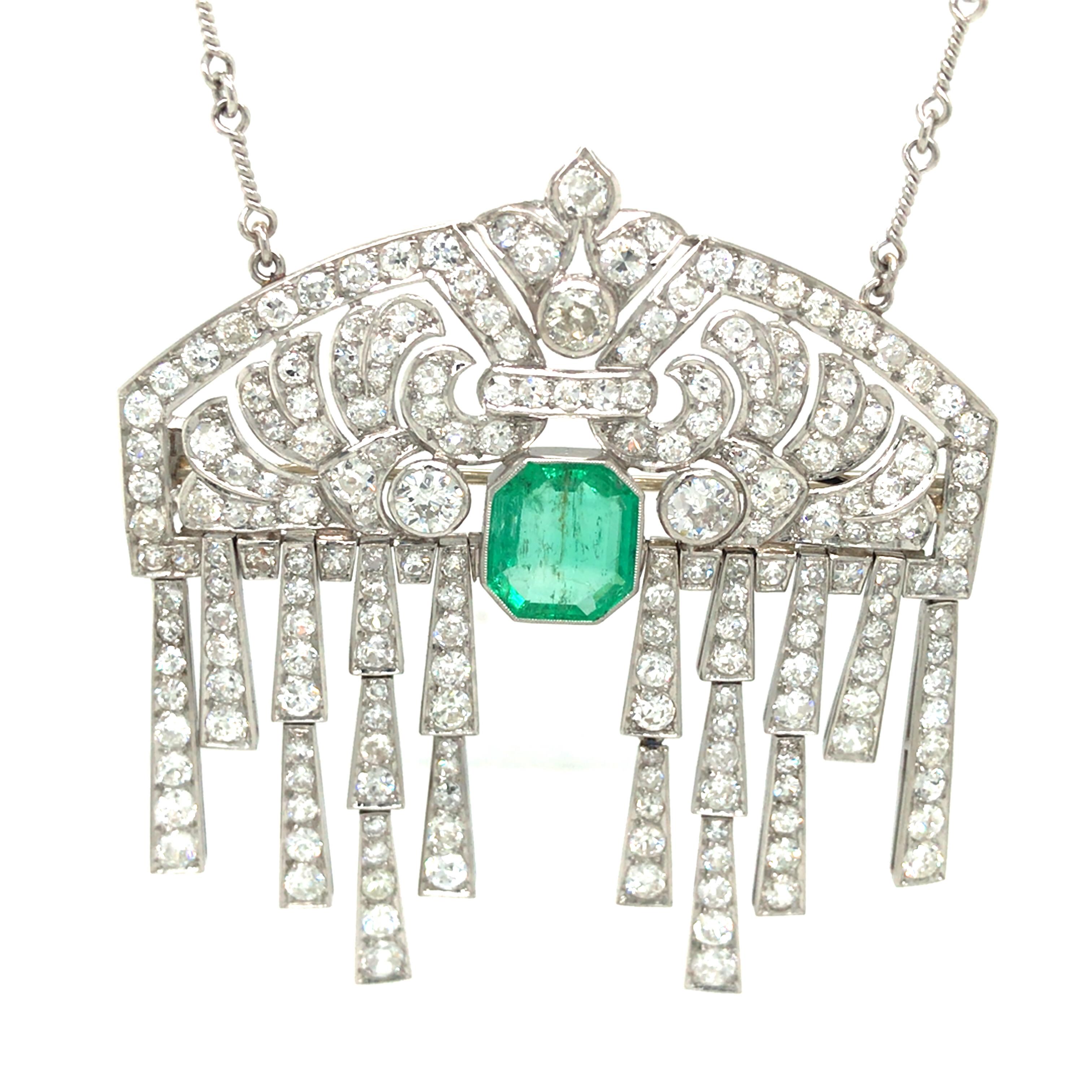Platinum Vintage Emerald and Diamond Pendant Diamond by the Yard Necklace. 3.80 Carat Emerald Gemstone is expertly set with Round Brilliant Cut Diamonds weighing 15.07 carat total weight, G-I in color and VS-I1 in clarity set in the Pendant and